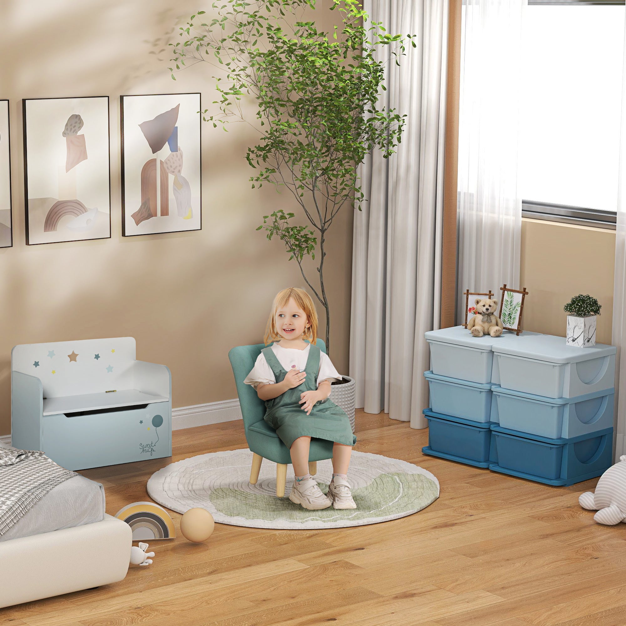 AIYAPLAY Kindersessel, Samtoptik, für 3-7 Jahre, bis 45 kg, Holzgestell, 44x45x56,5cm, Hellblau