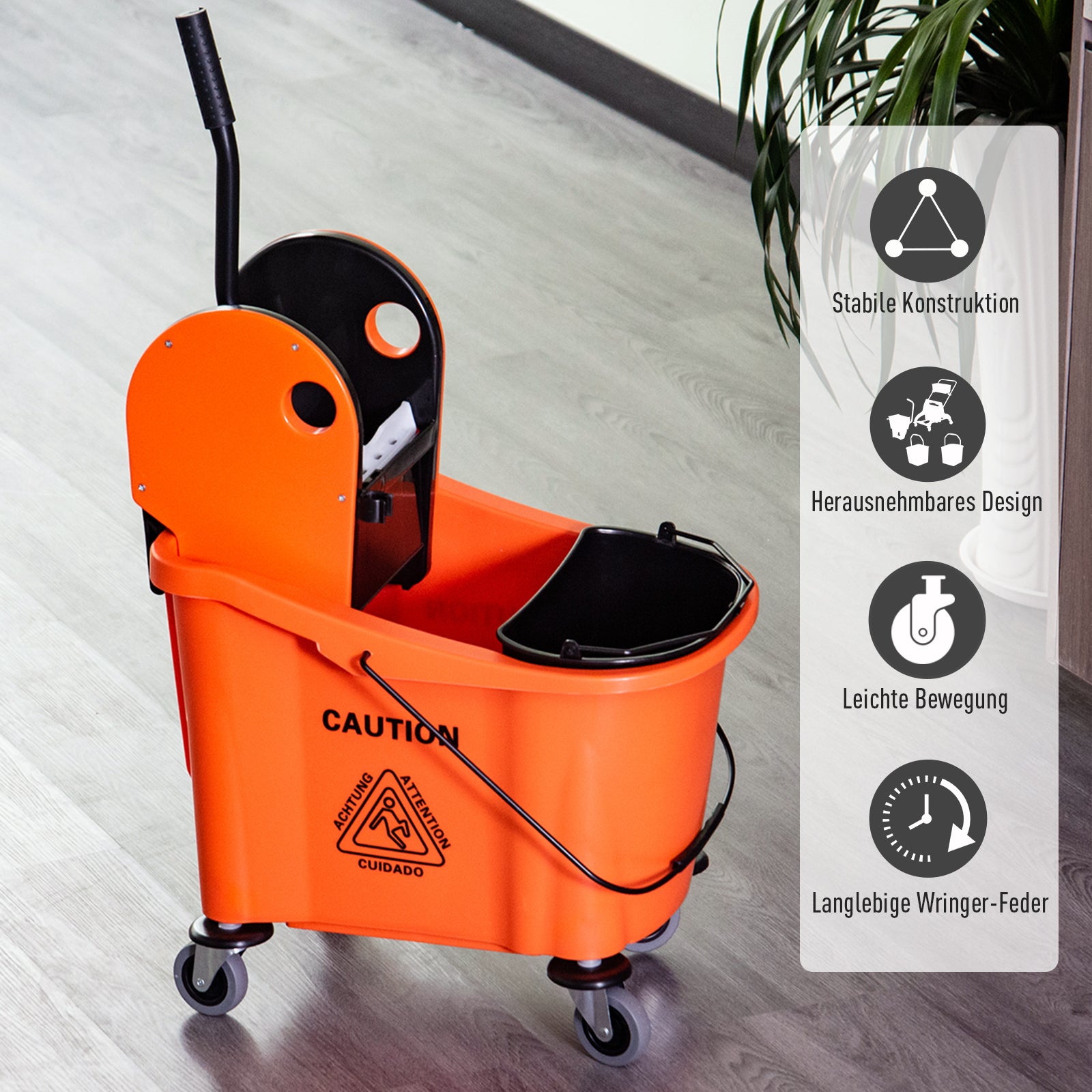 HOMCOM Reinigungswagen 36 Liter Fahreimer Putzeimer Wischwagen mit Auswringvorrichtung, Orange, 54 x 41 x 91,5 cm