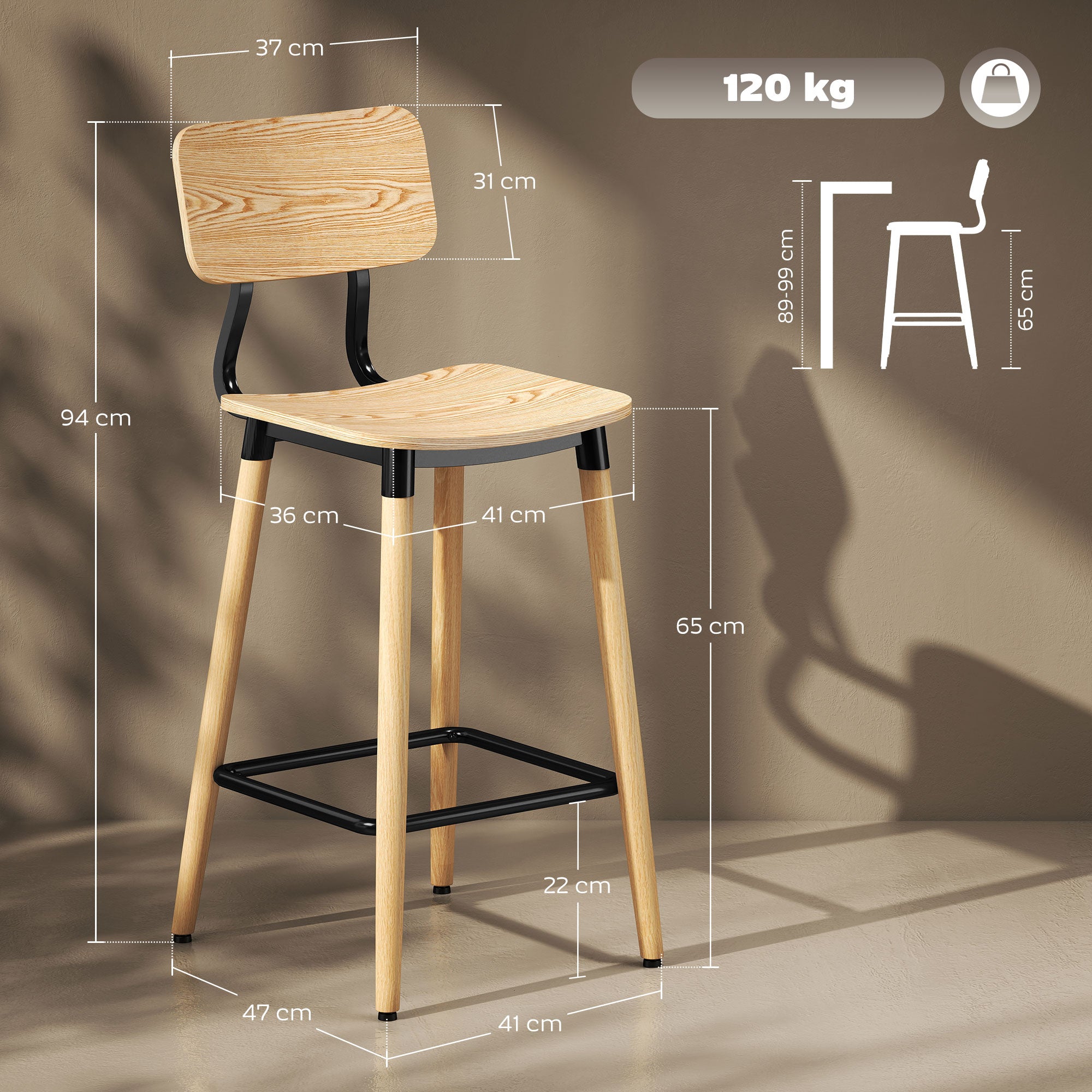 HOMCOM 2er-Set Barhocker mit Rückenlehne, Barstühle für Hausbar, Kücheninsel, Esszimmer, Holz, Metall, Hellbraun