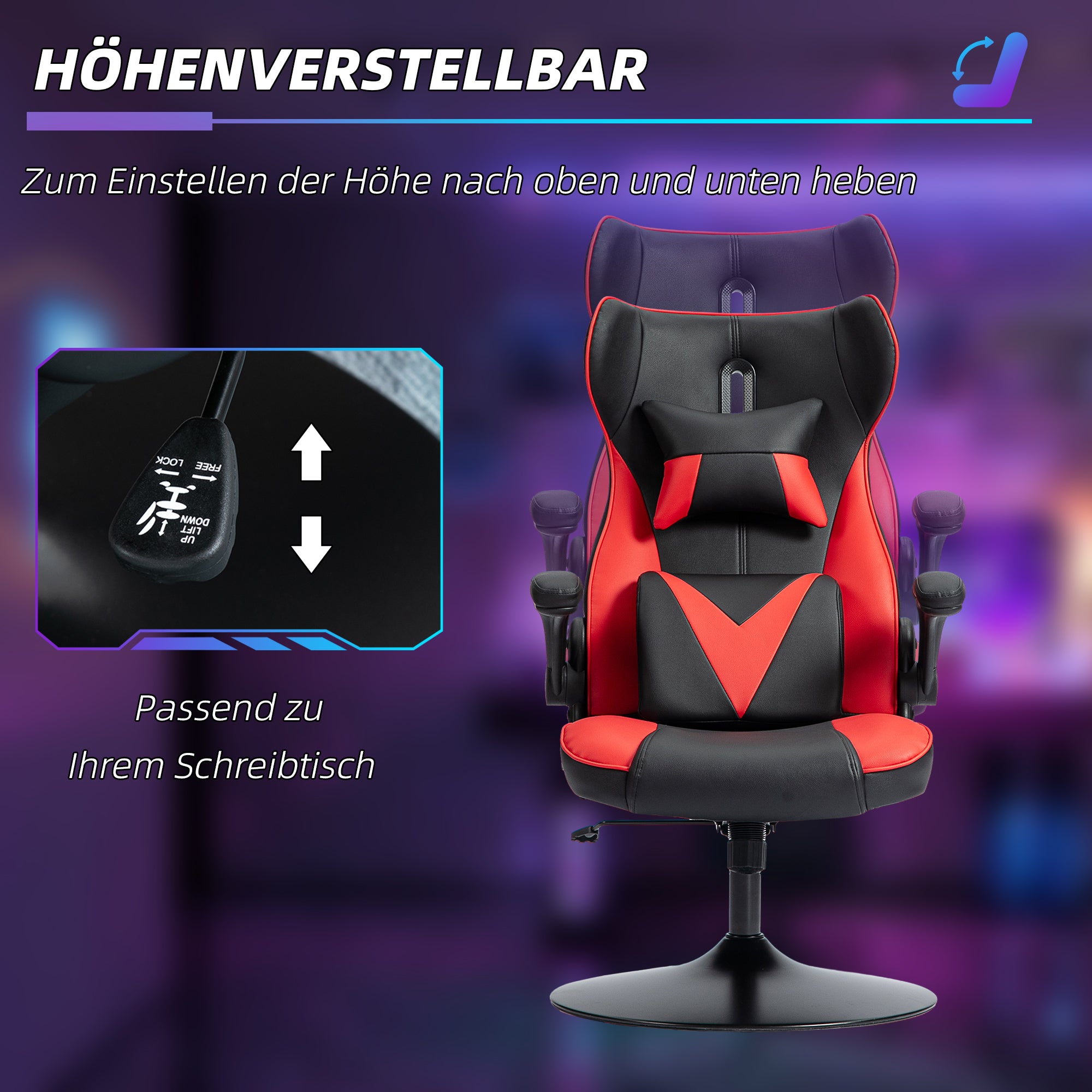 Vinsetto Gaming-Stuhl mit Schaukelfunktion, Drehstuhl, höhenverstellbar, gepolsterter Sitz, Metall, 67 x 71 x 112 cm, Rot
