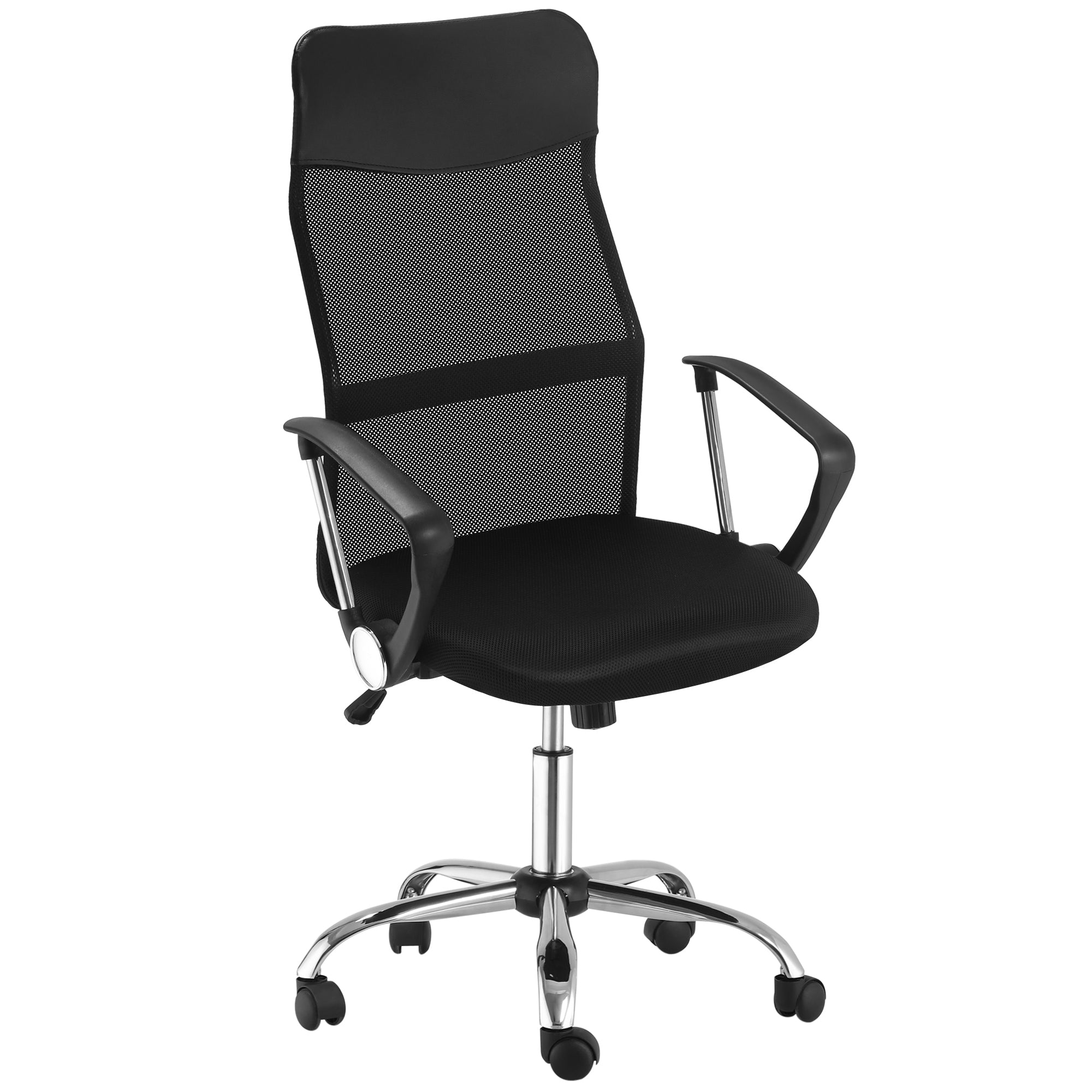 HOMCOM Ergonomischer Bürostuhl, Gaming Stuhl, Drehstuhl mit Wippenfunktion, höhenverstellbarer Schreibtischstuhl, Schaumstoff, Netz, Schwarz,  63 x 65 x 109-119 cm
