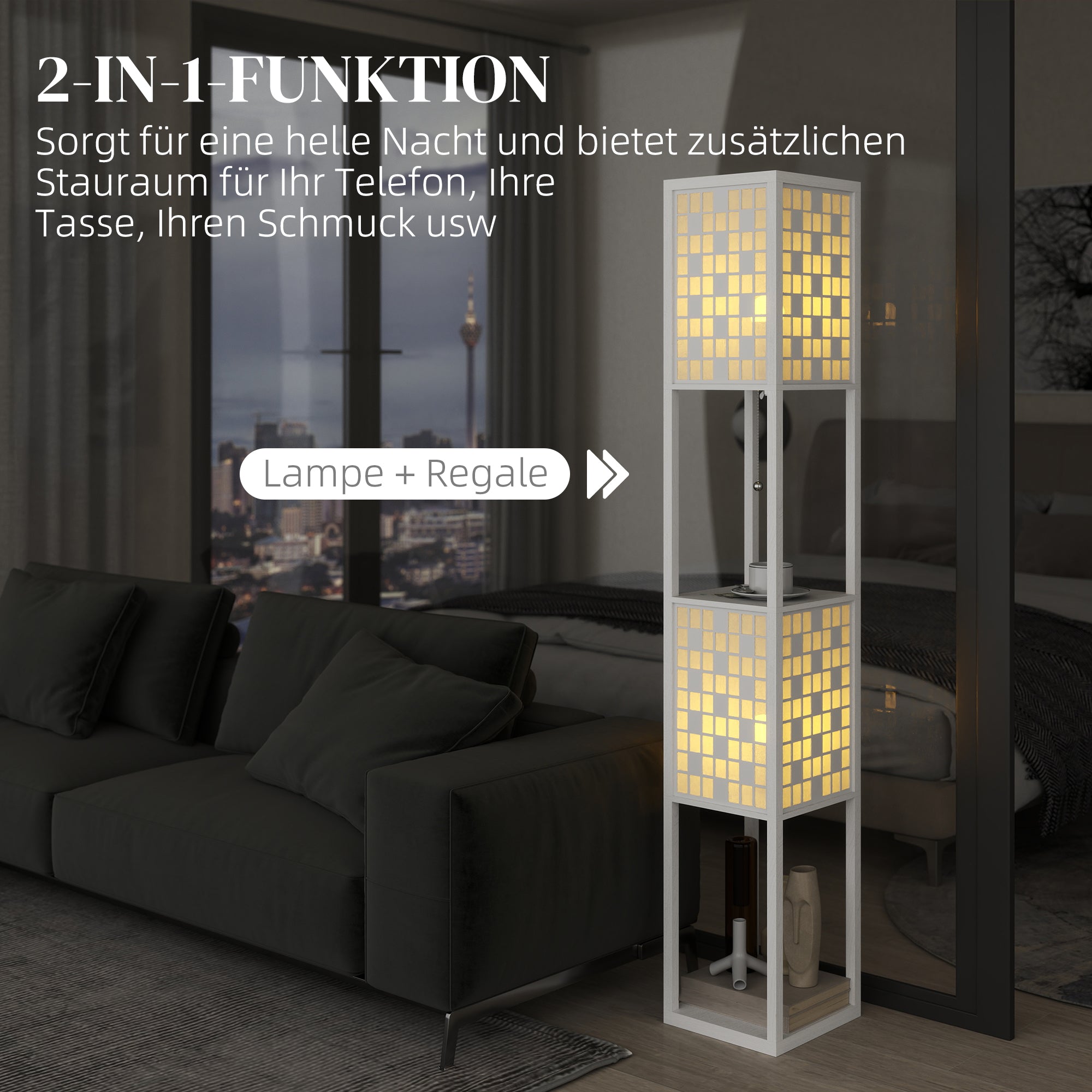 HOMCOM Stehlampe, Gittermuster, 2-Ebenen-Regale, für verschiedene Glühbirnen, Weiß