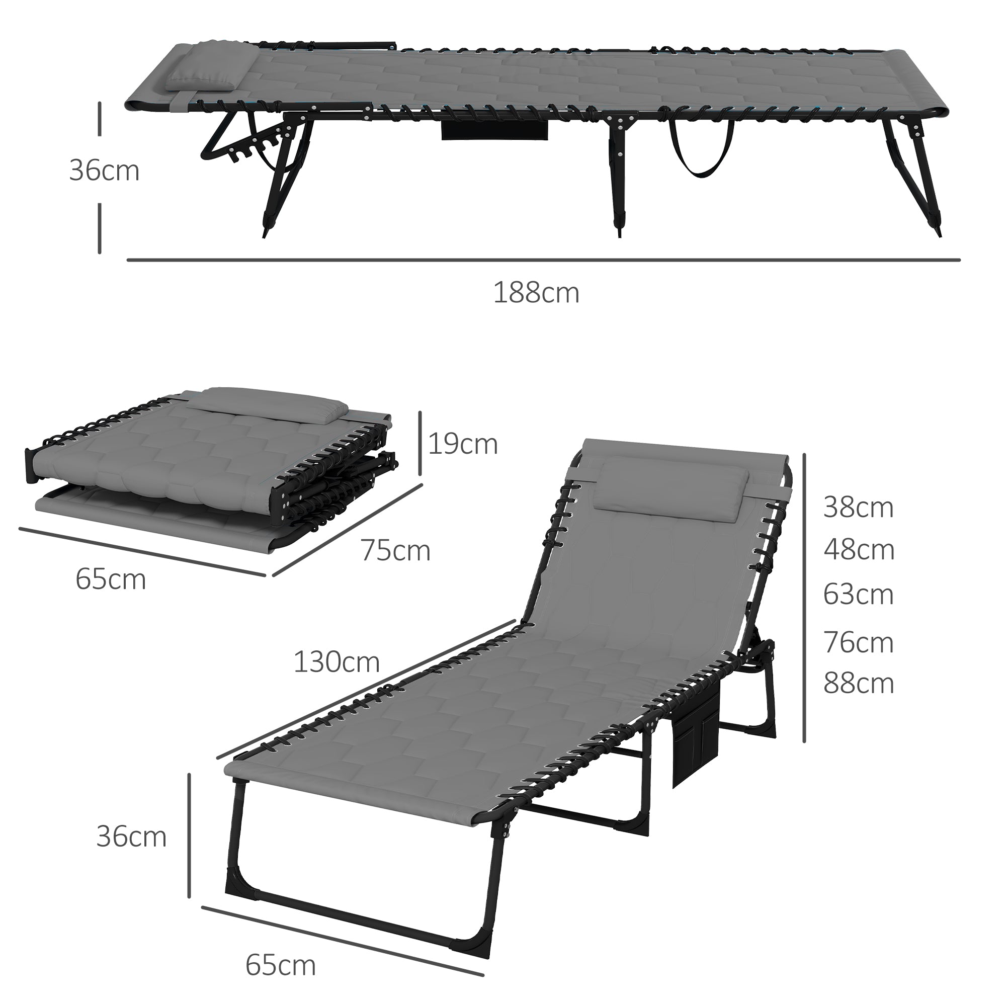 Outsunny Sonnenliege Liegestuhl Gartenliege, klappbar, inkl. Kissen, wetterbeständig; 188 cm x 65 cm x 36 cm, Grau + Schwarz
