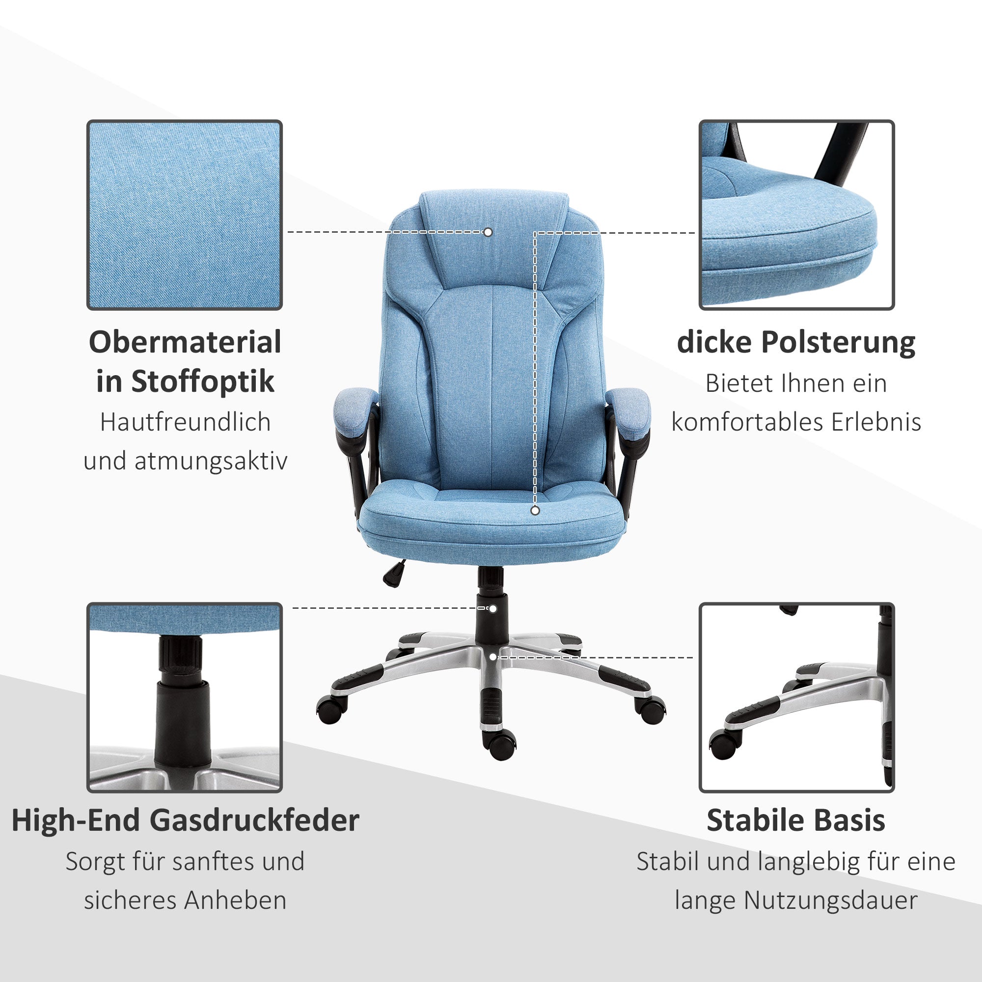 Vinsetto Bürostuhl Computerstuhl Drehstuhl höhenverstellbar Wippfunktion mit Kopfstütze und gepolsterte Armlehnen Ergonomisch Hellblau Leinen 66 x 75 x 110–120 cm