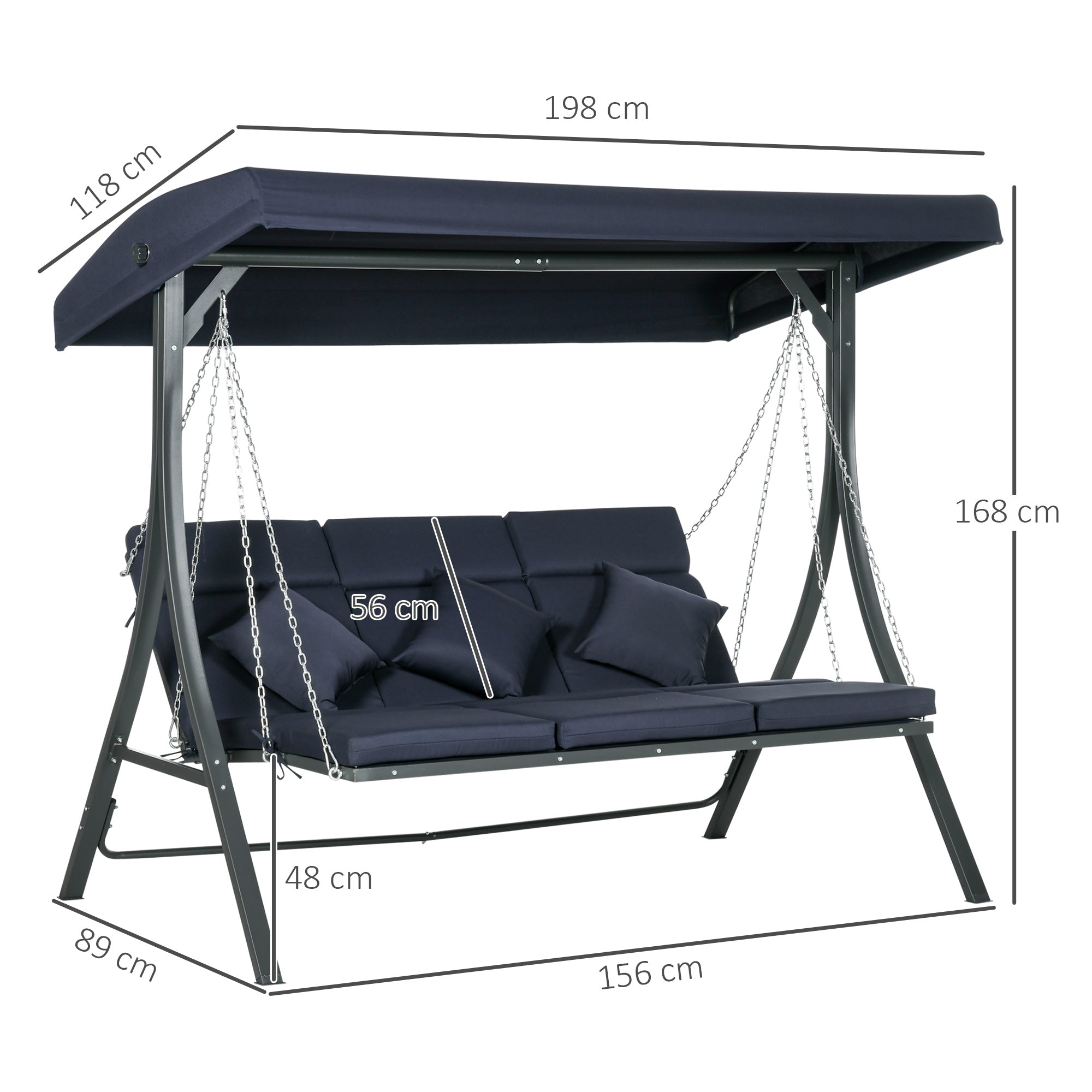 Outsunny Hollywoodschaukel Gartenschaukel, 3 Personen, verstellbares Sonnendach, 198 x 118 x 168 cm, Dunkelgrau