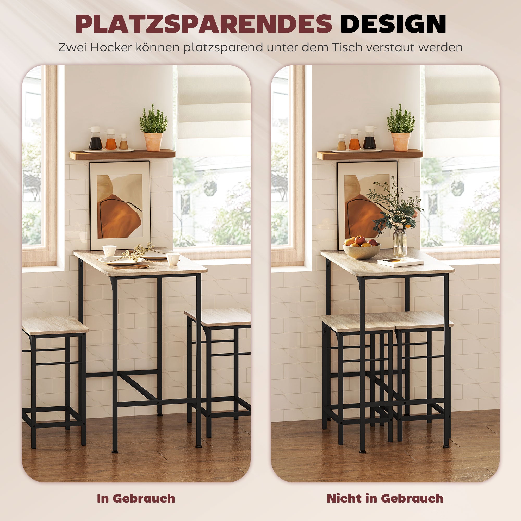 HOMCOM Bartisch Set Bartisch mit Barhocker-Set Esstisch mit 2 Stühlen mit Rutschfestem Fußpolster Naturholz