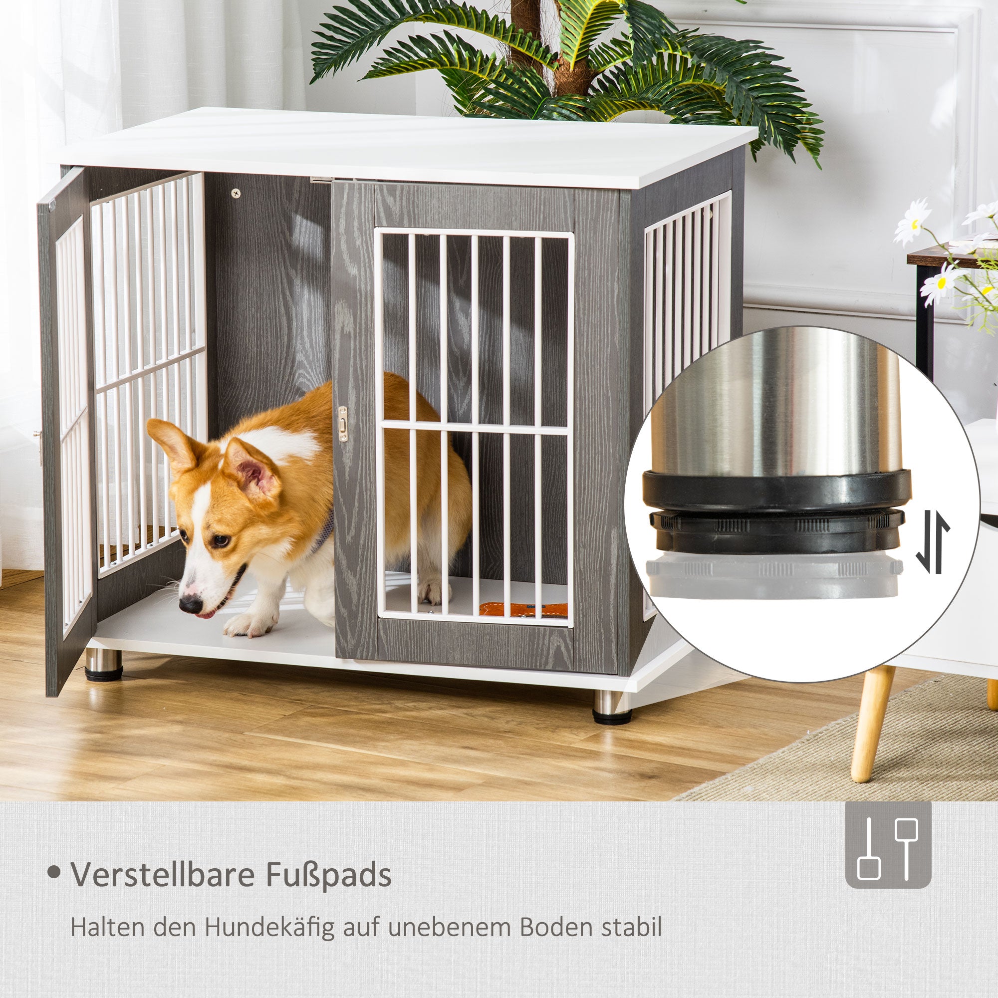PawHut Transportbox für mittelgroße und kleine Hunde, verriegelbar Holzwerkstoff Stahl Grau + Weiß