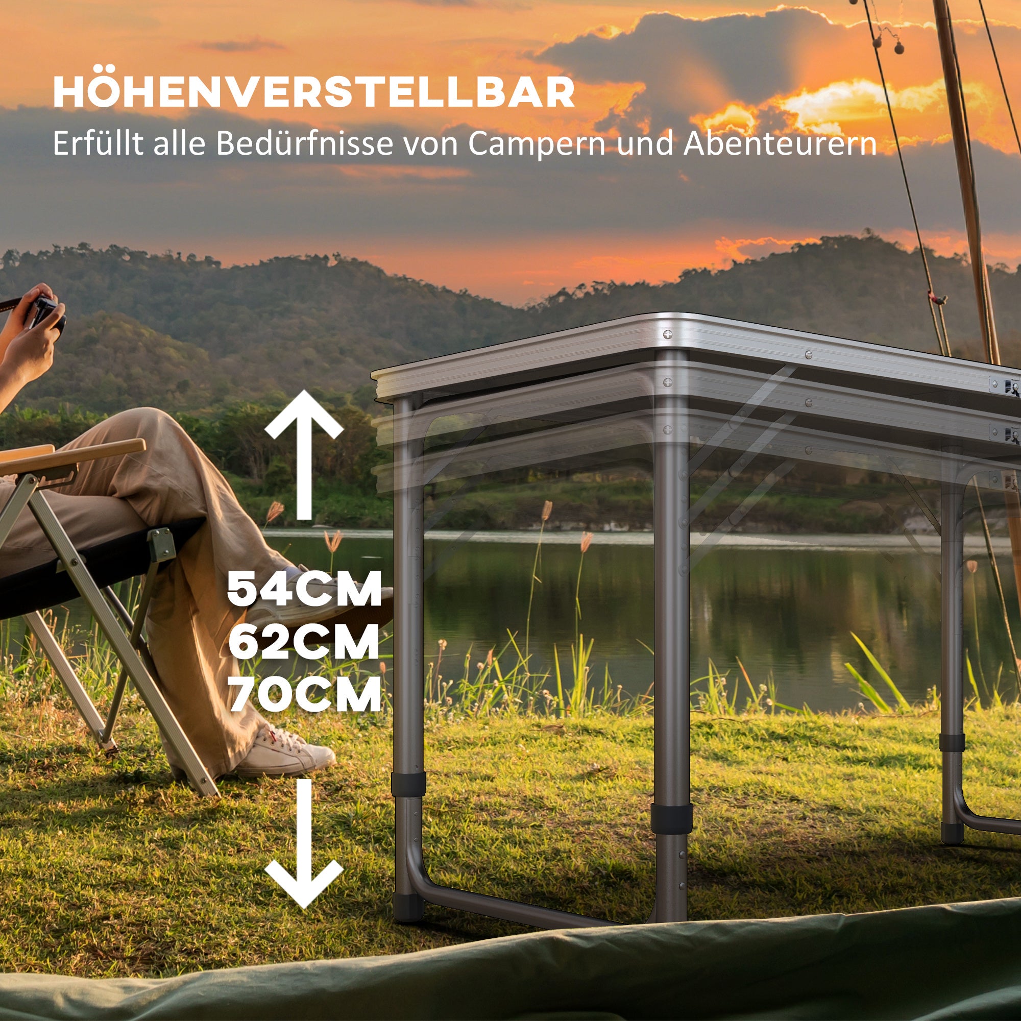 Outsunny Campingtisch, klappbar, leicht, höhenverstellbar, Aluminiumrahmen, 240 x 60 x 54/62/70 cm, Schwarz
