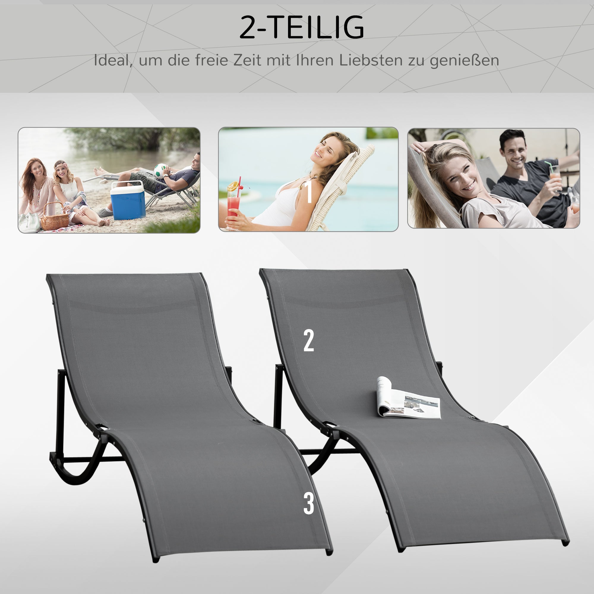 Outsunny 2er Set Sonnenliege Gartenliegen Stoffliege Relaxliege ergonomisch Aluminium Texteline Dunkelgrau 165 x 61 x 63 cm