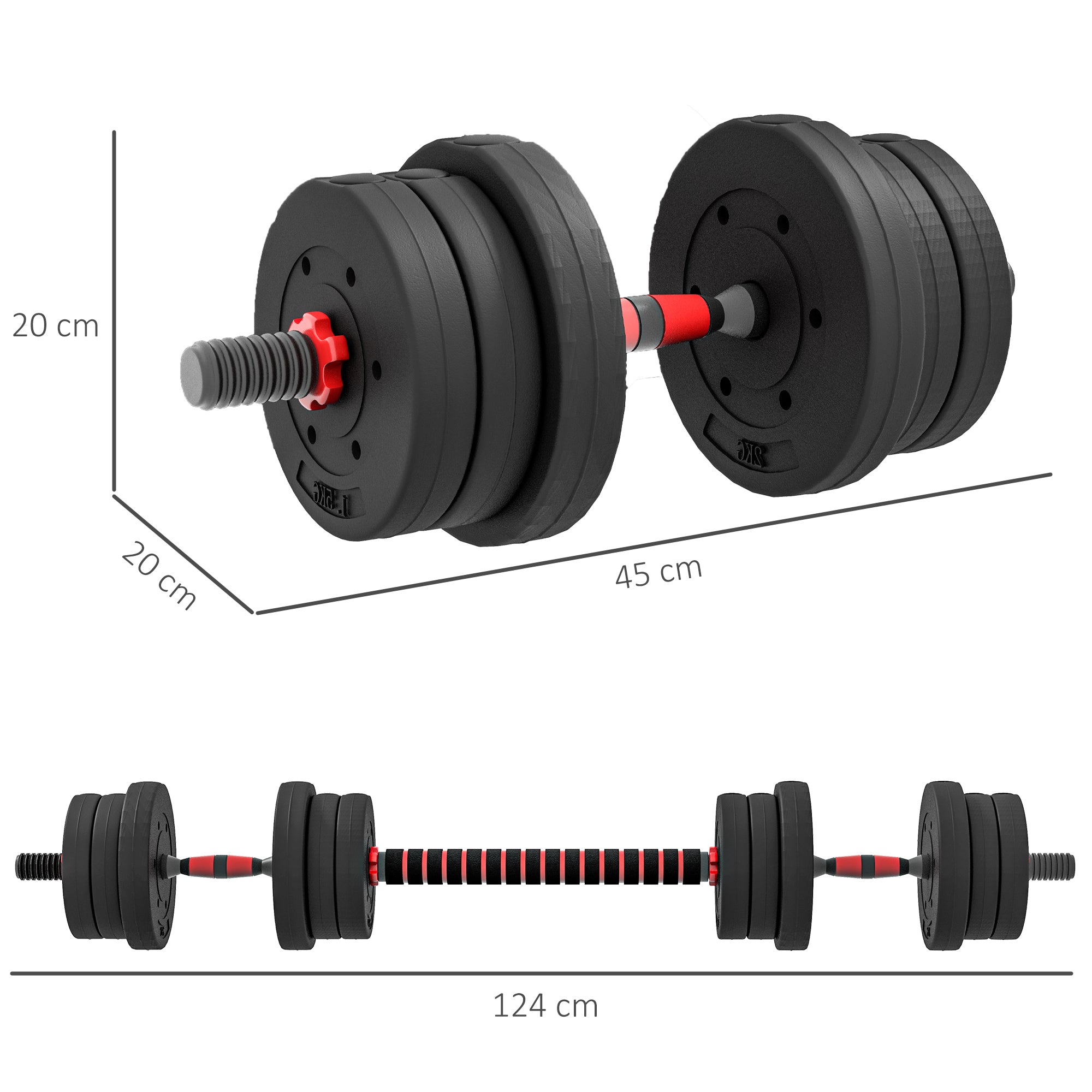HOMCOM 2 in 1 Hanteln Set 20 kg verstellbare Kurzhantel & Langhantel professionell Dumbbell Krafttraining Schwarz