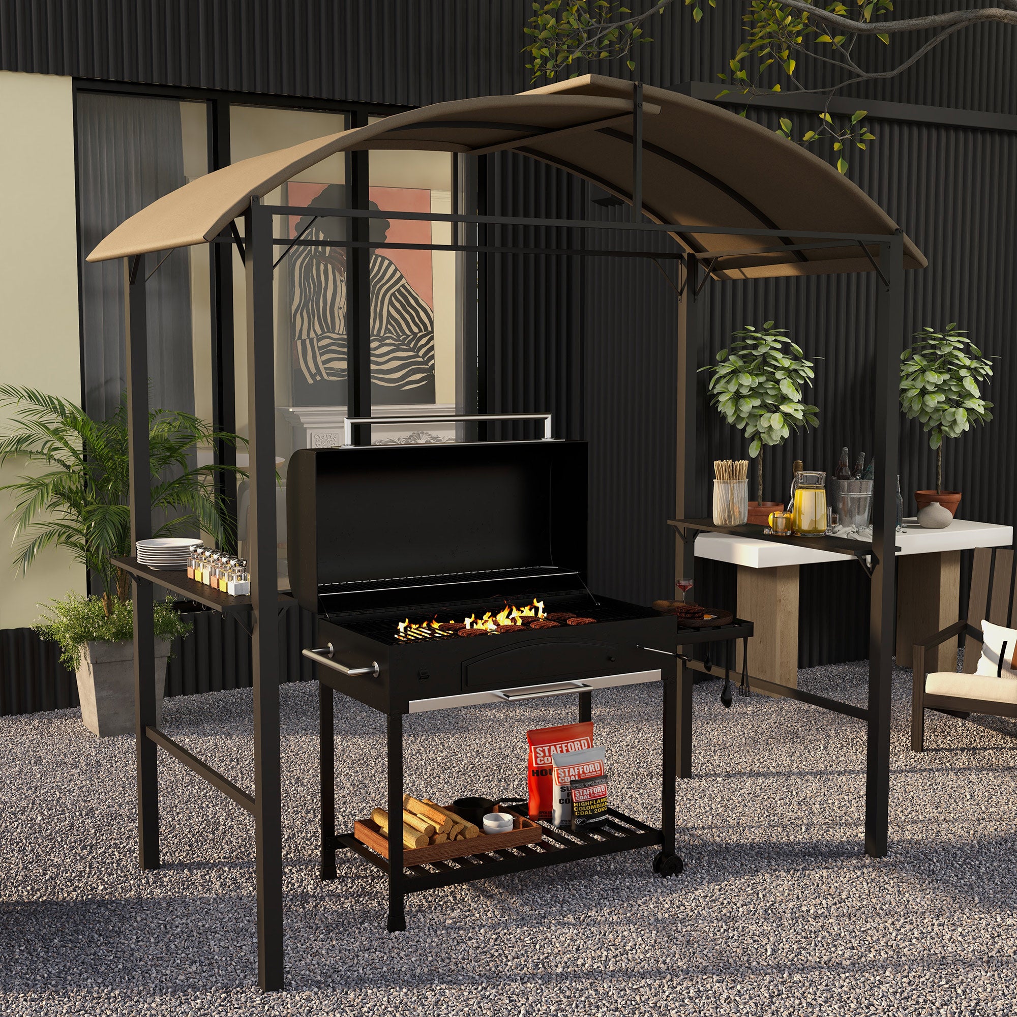 BBQ Grillpavillon 1,1x2,3 m mit Ablagen, Khaki