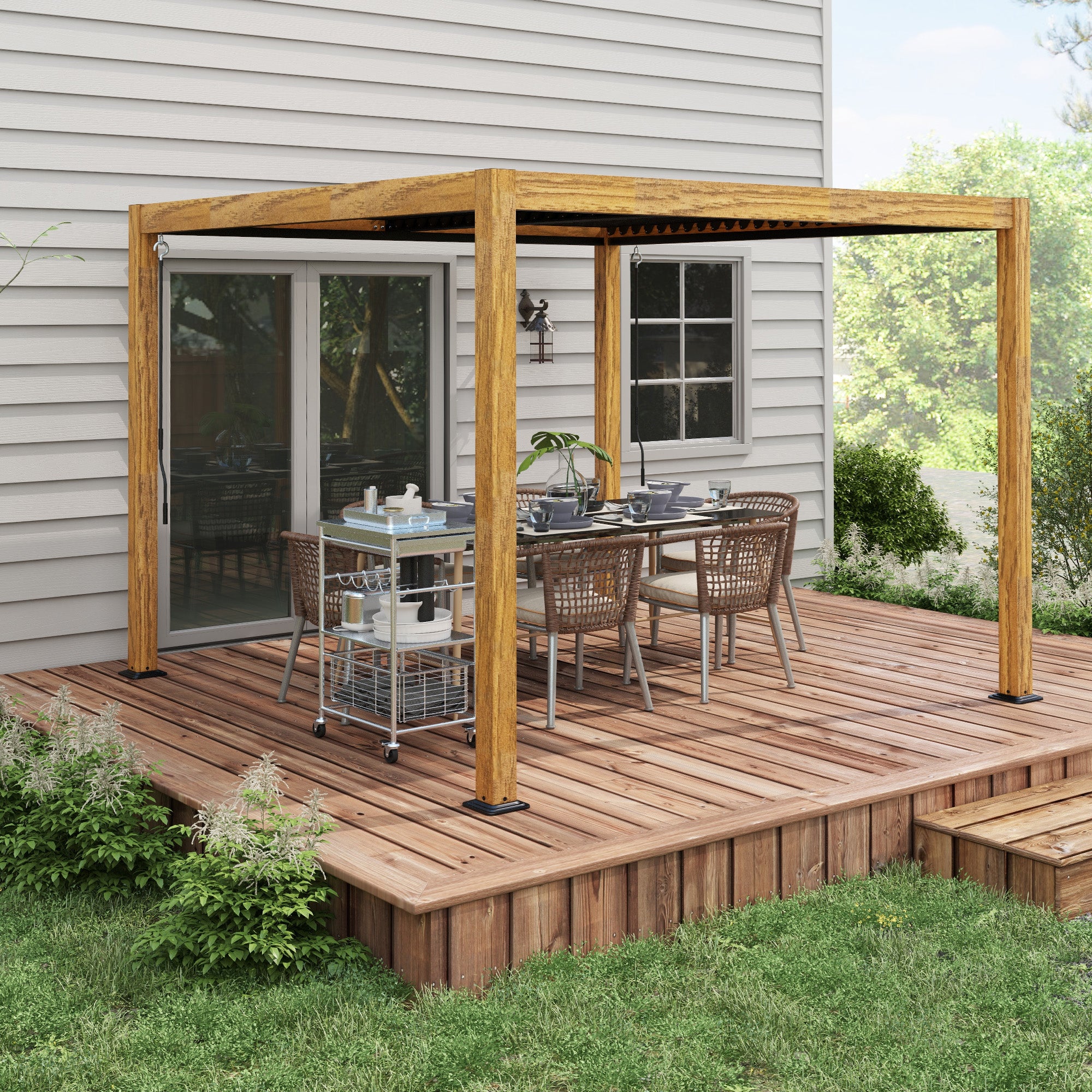 Outsunny Pergola Gartenzelt, wetterbeständig, Handkurbel, Aluminium, 3x3m, Schwarz/Natur