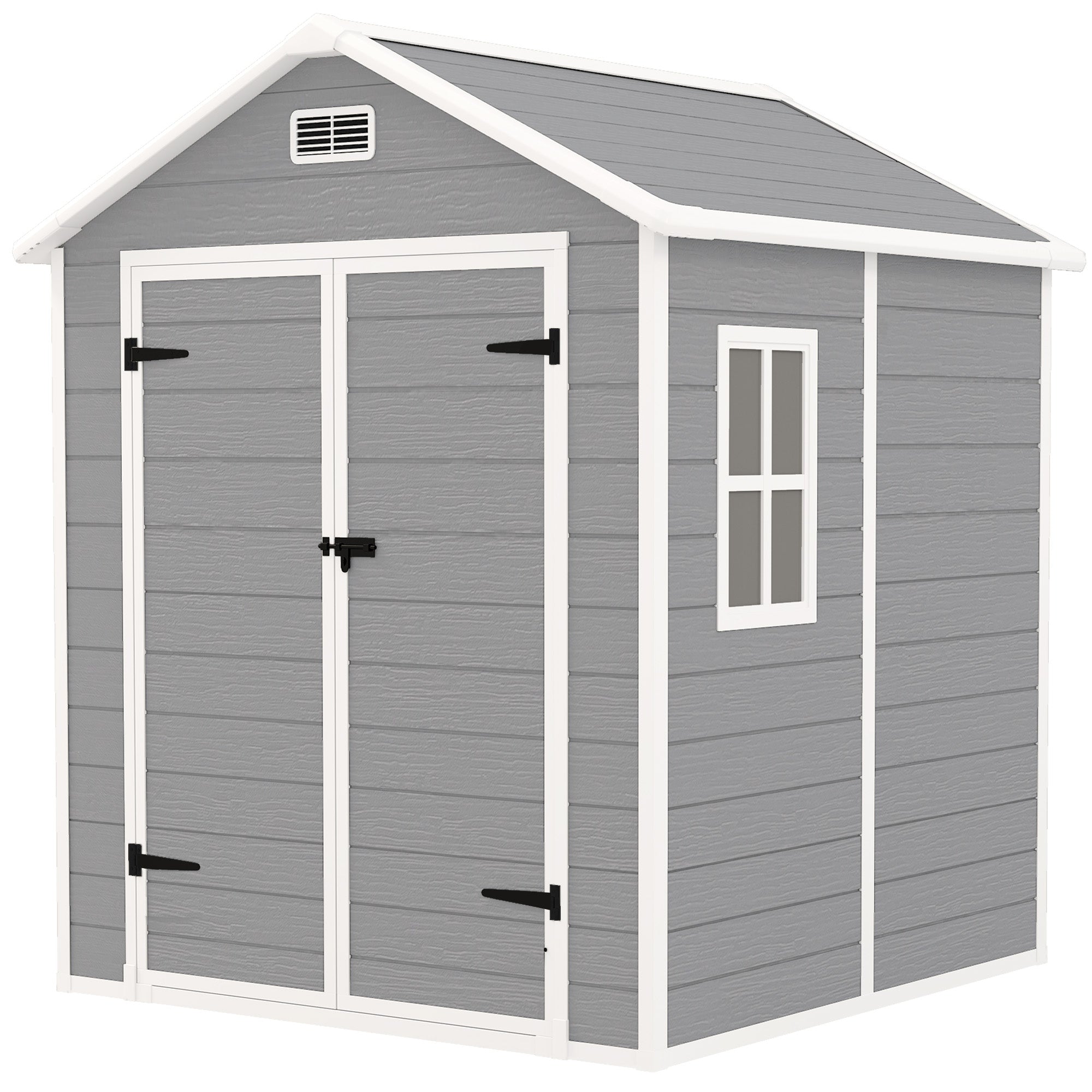 Outsunny Gartenschuppen, Geräteschuppen mit Boden, verschließbare Türen, Lüftungsöffnungen, Fenster, Holzoptik, Kunststoff, Grau