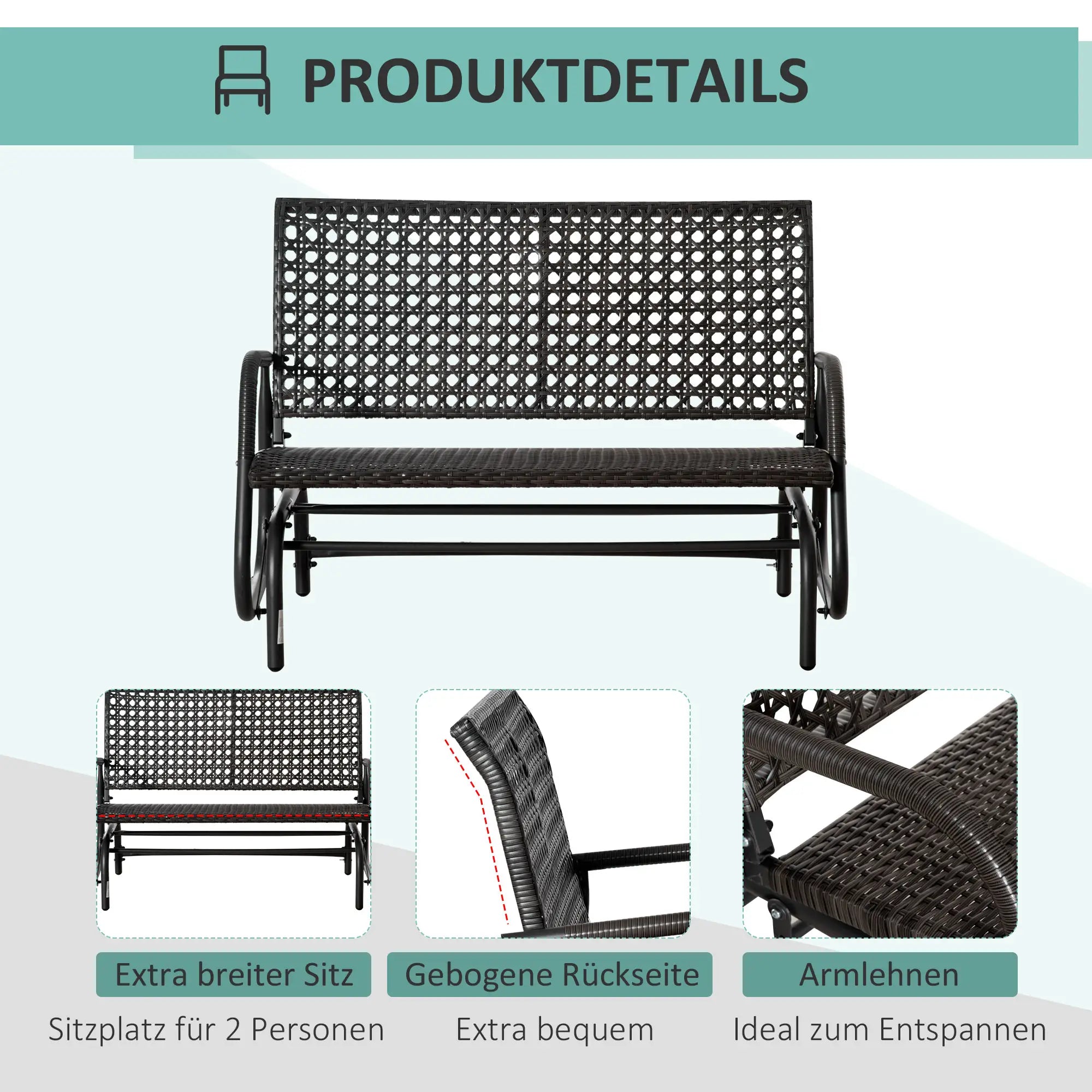 Outsunny Polyrattan Schaukelbank 2-Sitzer Outdoor Terrasse Garten Loveseat Gartenschaukel mit Rückenlehne Sitzbank Parkbank Grau 70 x 120 x 84 cm