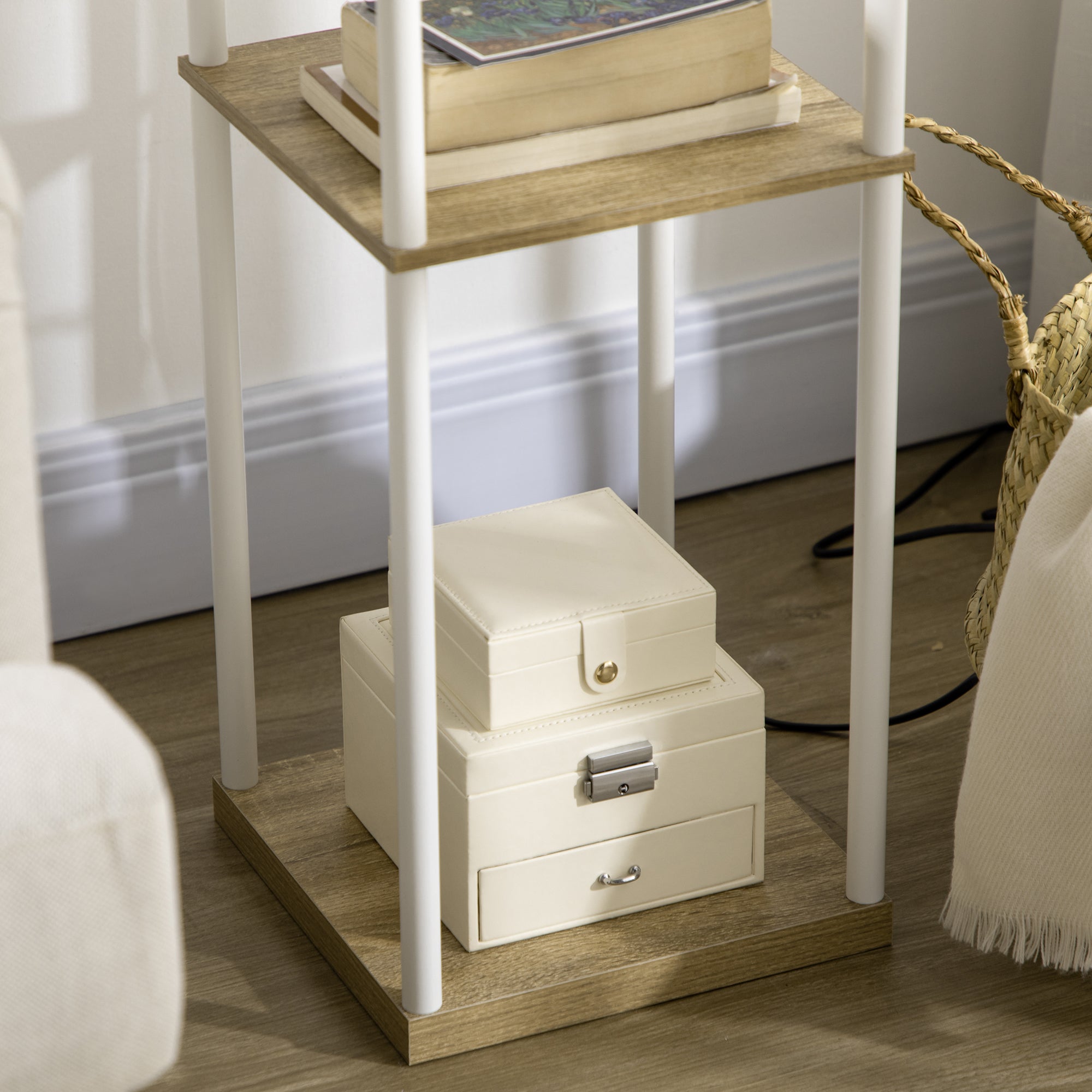 HOMCOM Standleuchte, Deckenfluter, mit Regalen, Metallrahmen, Stoffschirm, 26x26x159cm, Weiß/Braun