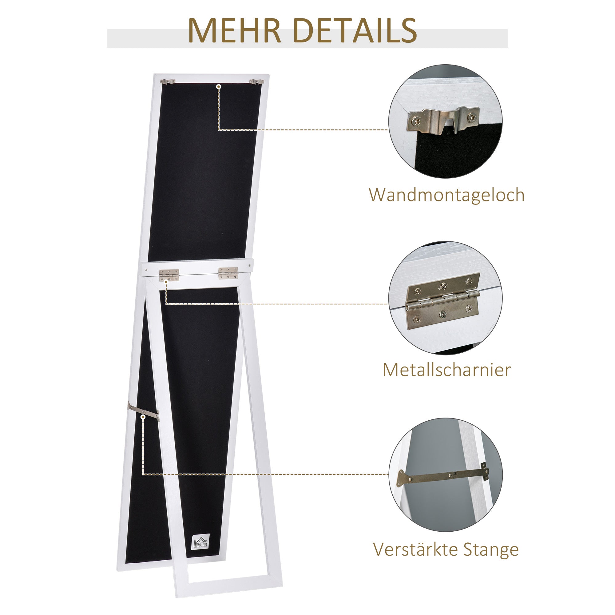 HOMCOM Ganzkörperspiegel, freistehend, Wandmontage, MDF-Rahmen, 37 x 37 x 154 cm, Weiß