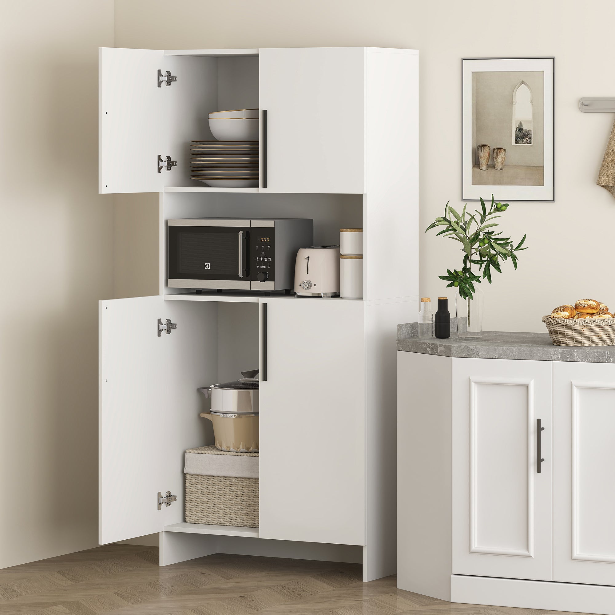 HOMCOM Küchenschrank, Vorratsschrank für Küche, Wohnzimmer, Esszimmer, Schränke, Regale, Mikrowellenablage, Spanplatte, Weiß