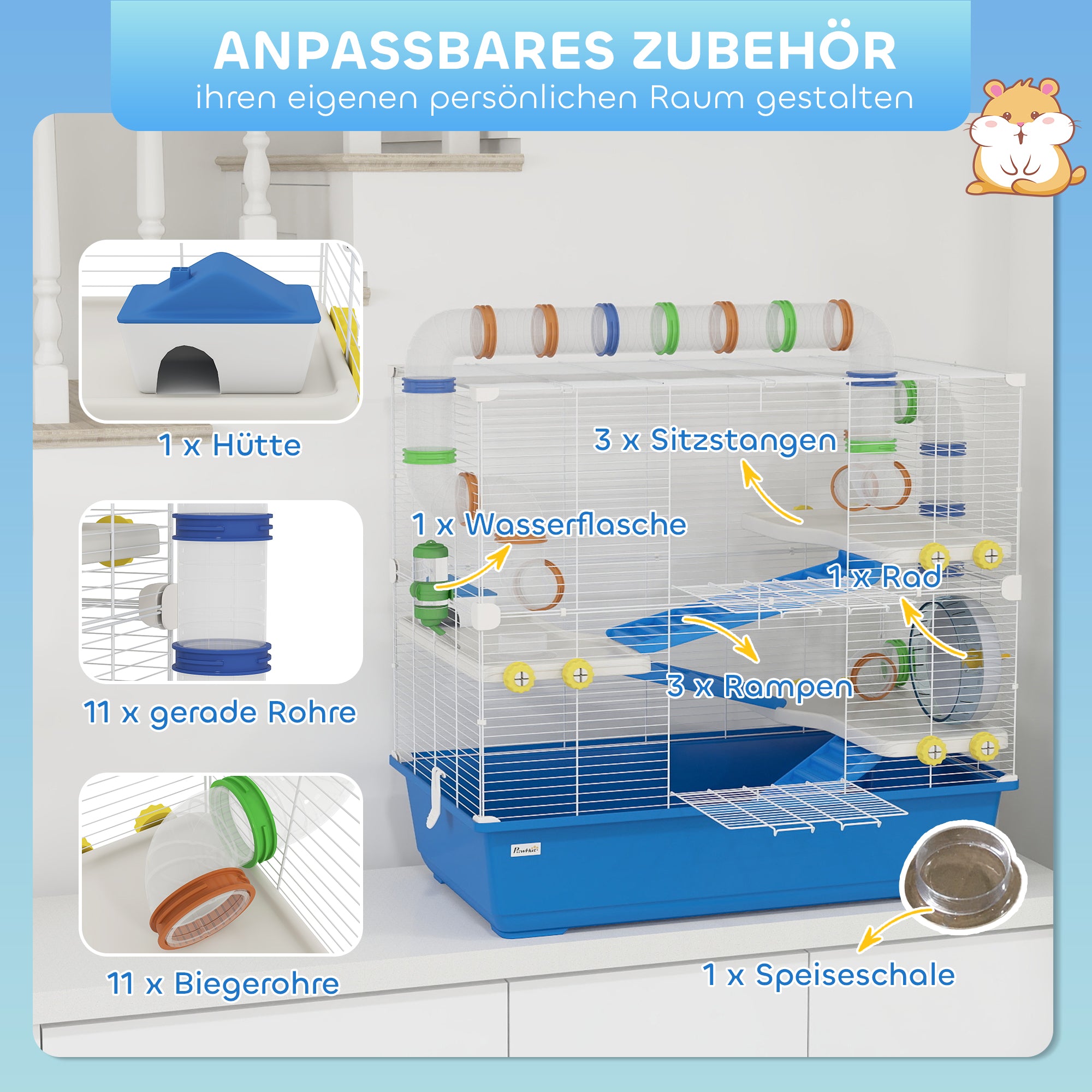 PawHut Hamsterkäfig mit 4 Ebenen, Kleintierkäfig mit Tunnelsystem, Hütte, Laufrad, für Zwerghamster, 78 x 45 x 73 cm, Blau