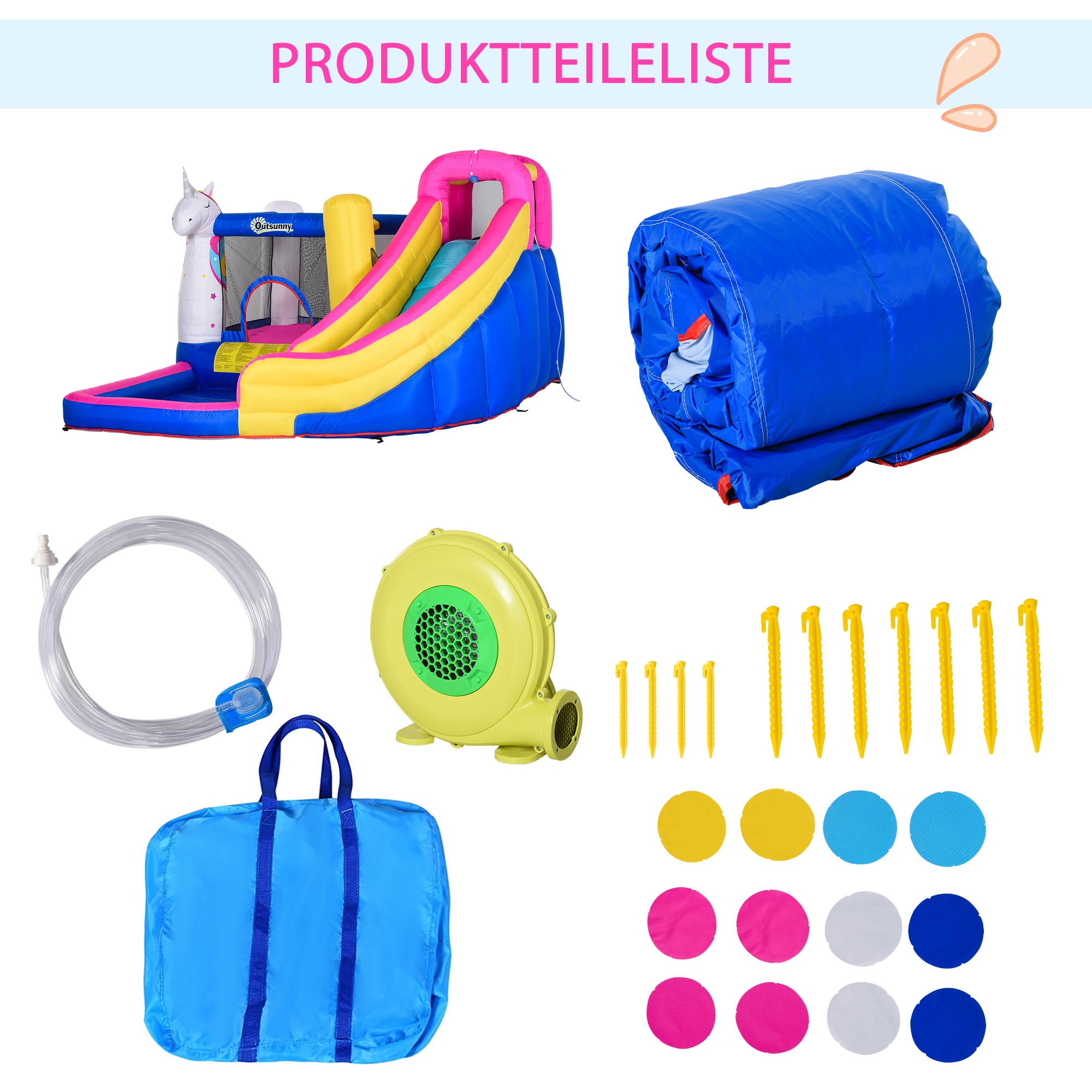 Outsunny Hüpfburg im Märchendesign inkl. Gebläse, Rutsche, Wasserbecken u. Basketballkorb 360 x 305 x 210 cm