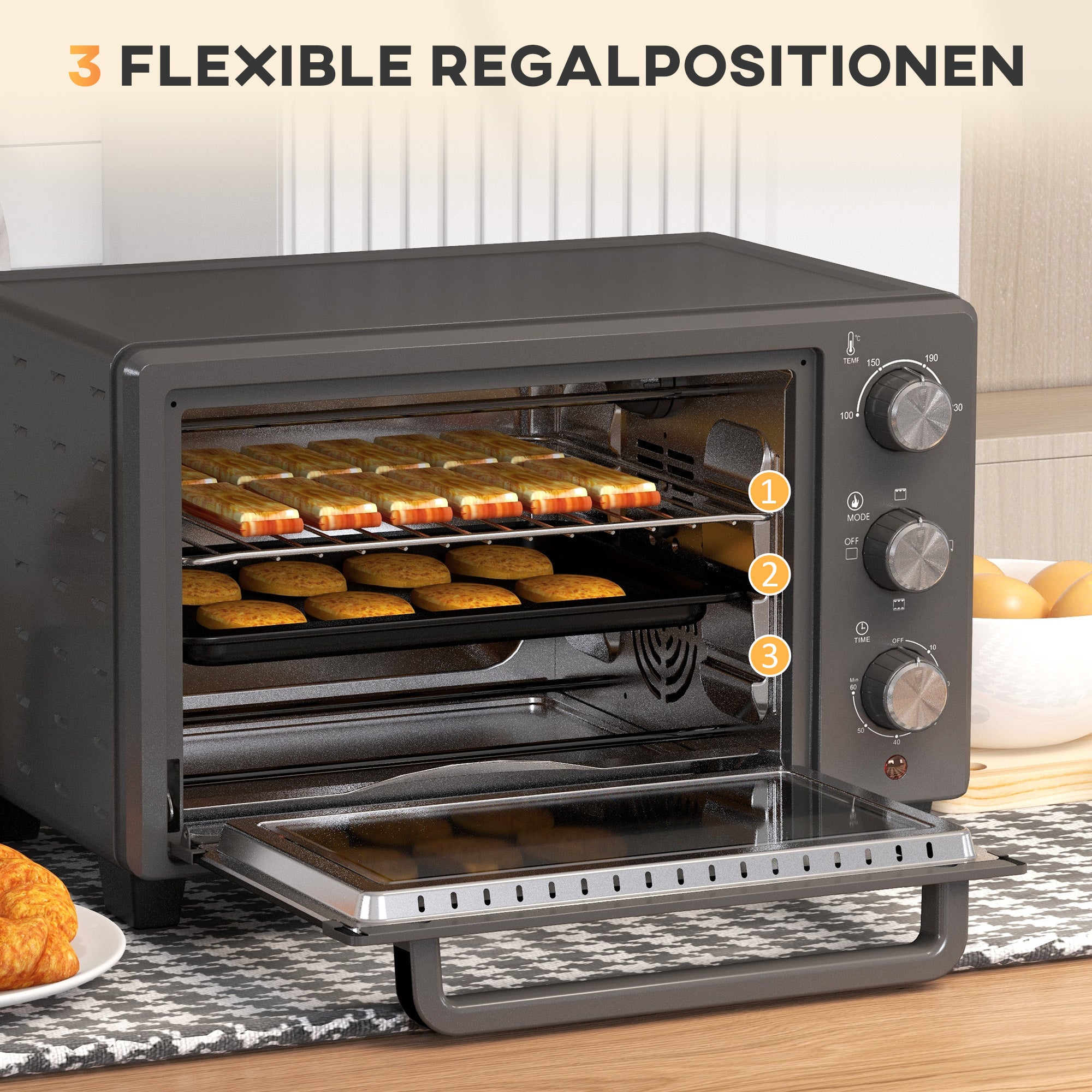 HOMCOM Minibackofen, 21 L Toasterofen mit 1 Drahtgestell und 1 Backblech, 3 Kochmodi, 100 °C-230 °C, Edelstahl, Glas, Grau