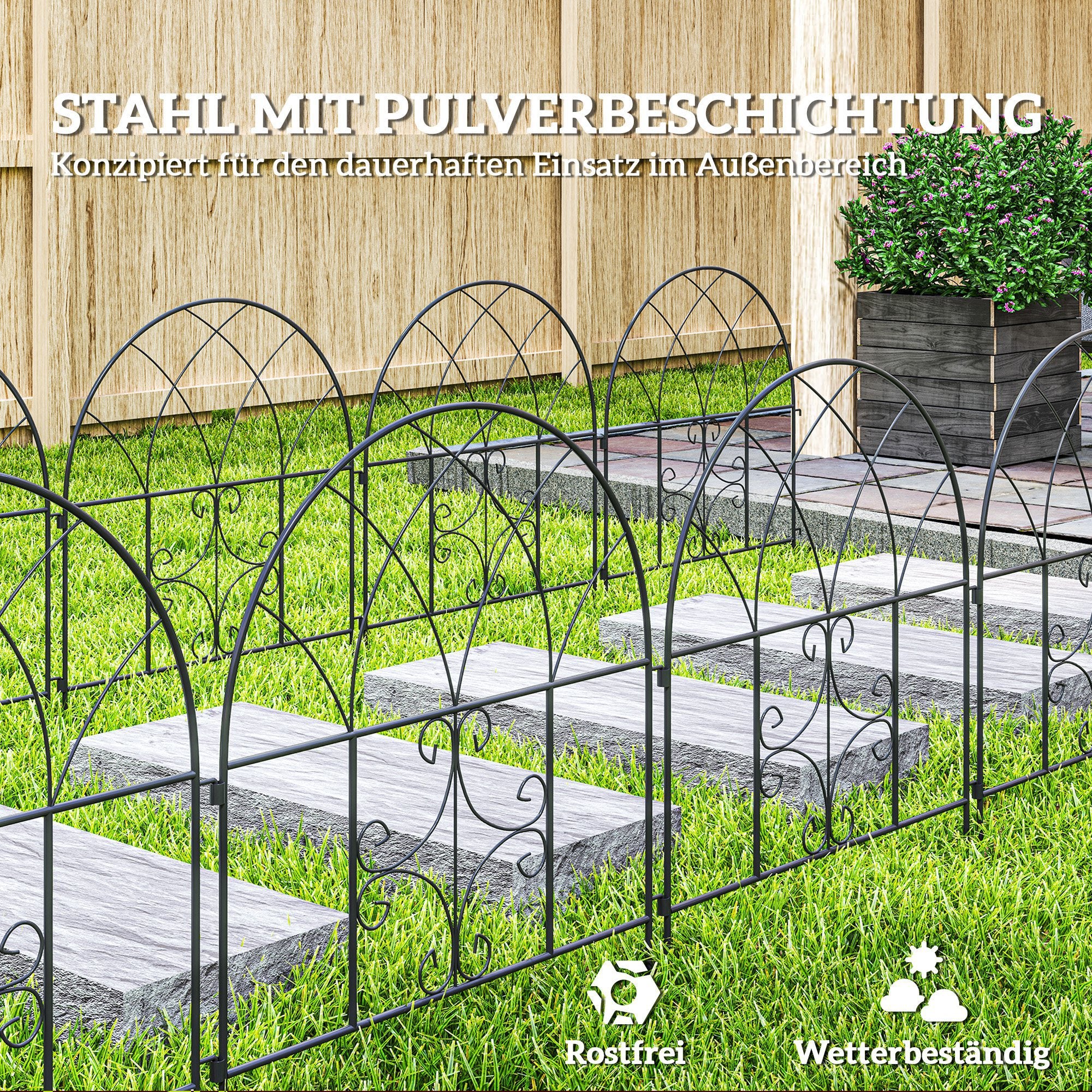 Outsunny Gartenzaun Zaun Stahl 300 cm x 70 cm hoch Dekorativer Gitterzaun Set Zaunelemente Schwarz