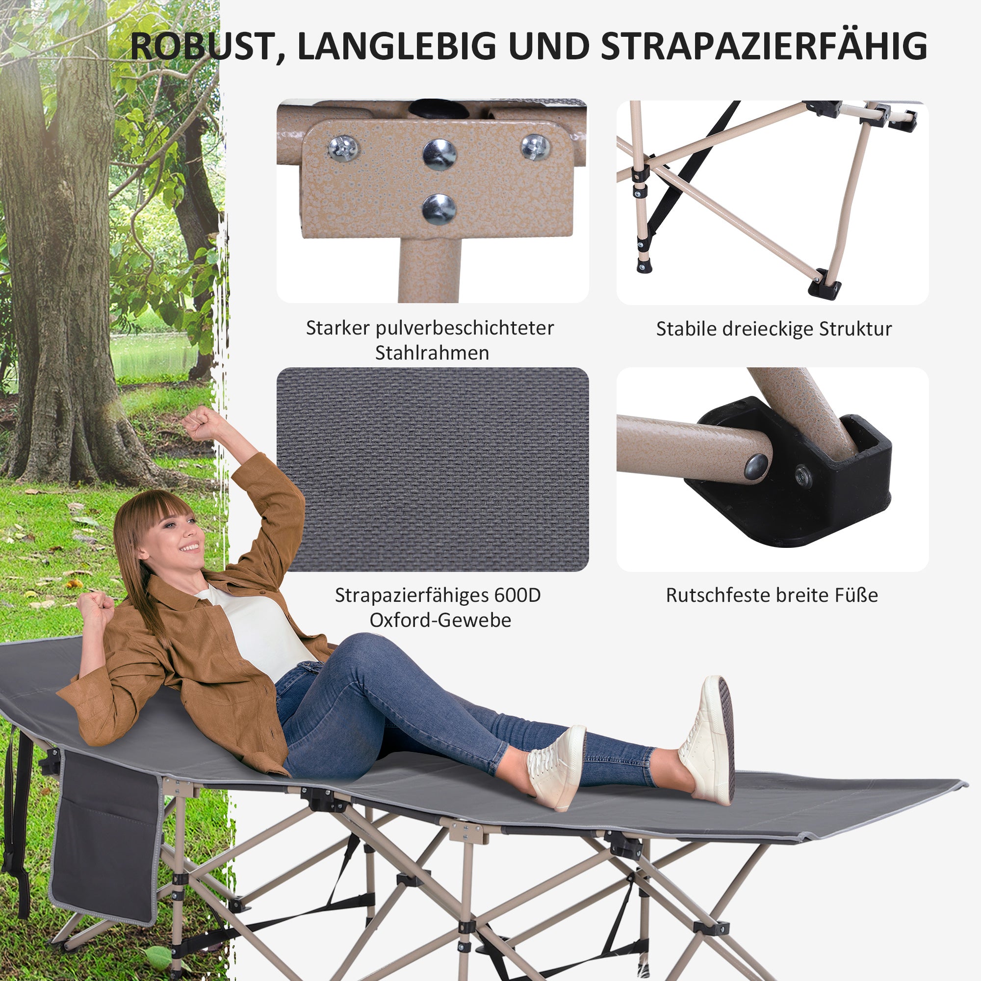 Outsunny Feldbett, Campingbett, klappbar, wetterbeständig, ink. Tragetasche, 190 x 68 x 52 cm, Grau