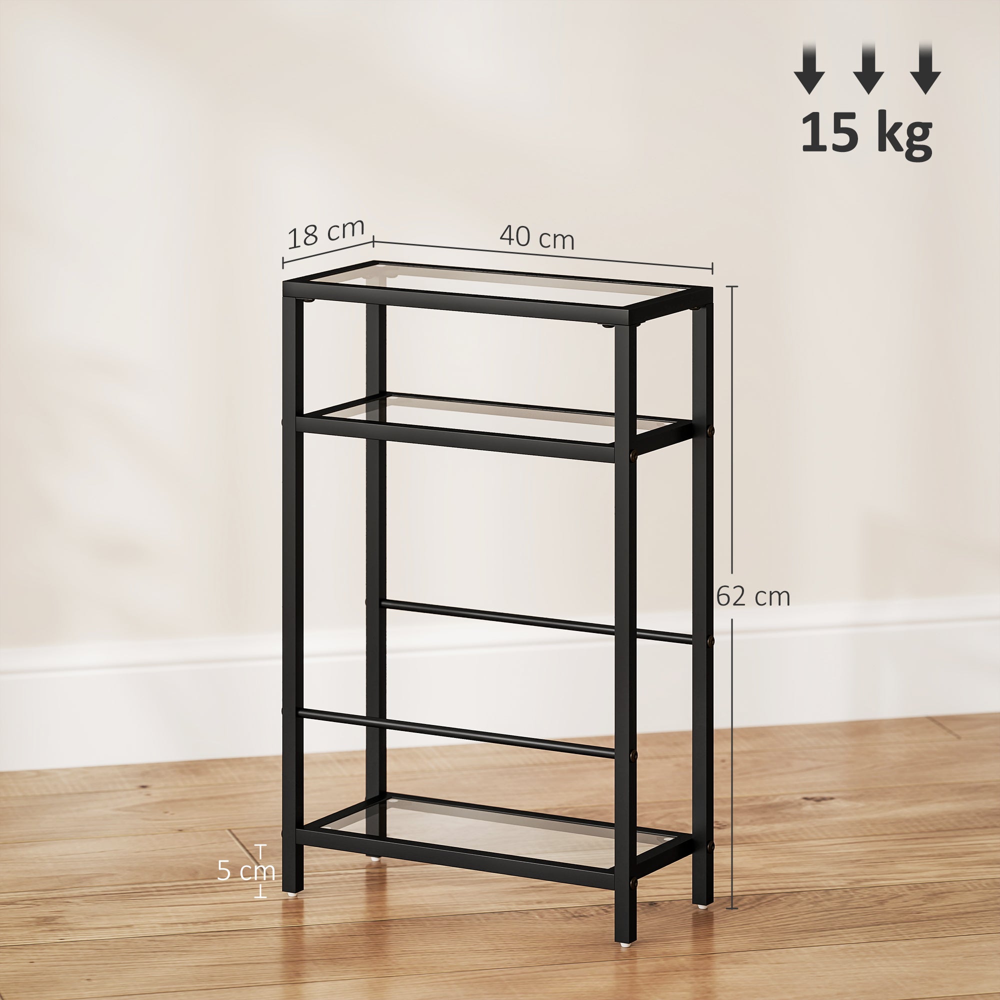 HOMCOM 3-stufiges Regal mit Glasplatten, 18 cm breit, Stahlrahmen, Querstangen, Schwarz