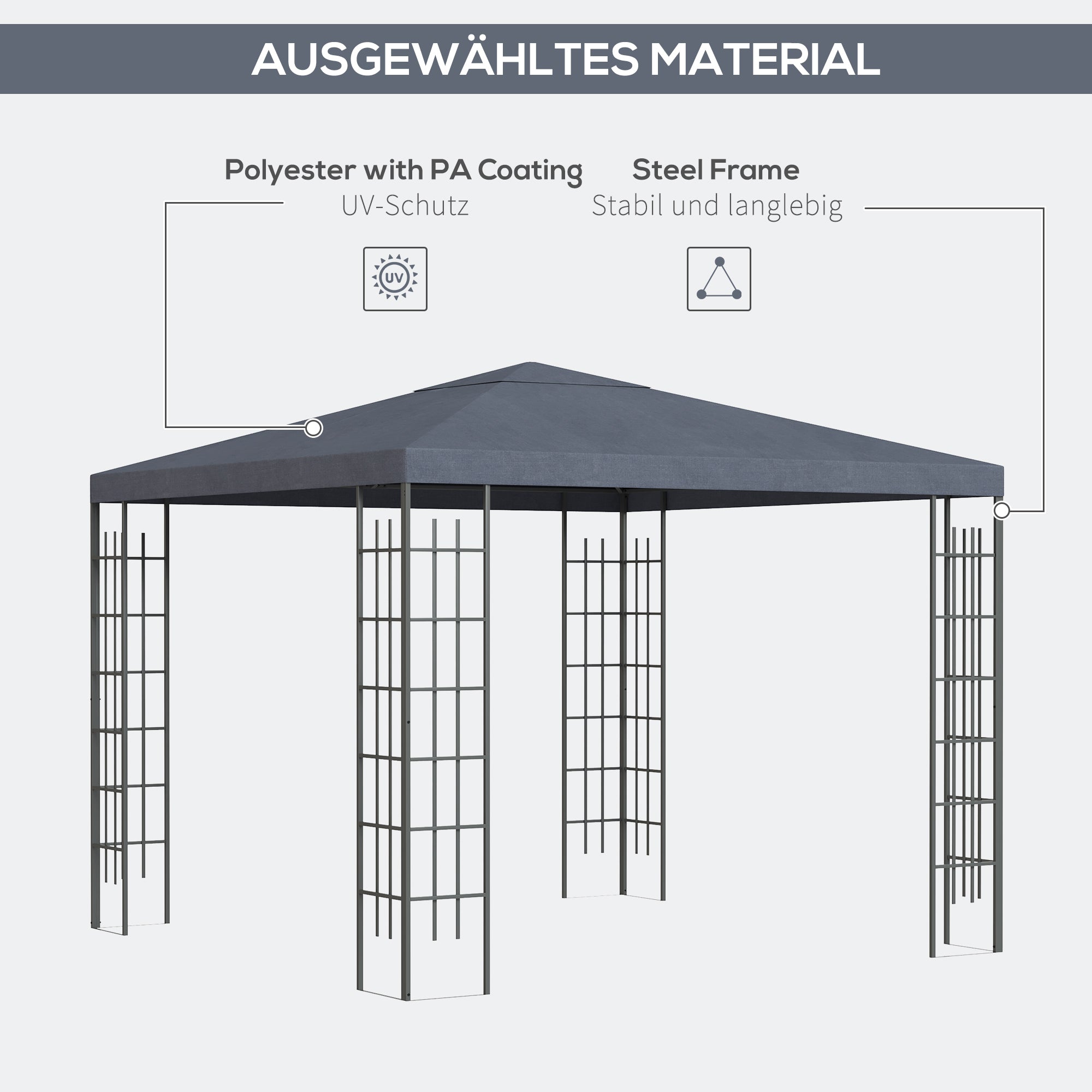 Outsunny Gartenpavillon 2,95 x 2,95 m Pavillon Gartenzelt Festzelt Partyzelt Stahl Polyester Grau