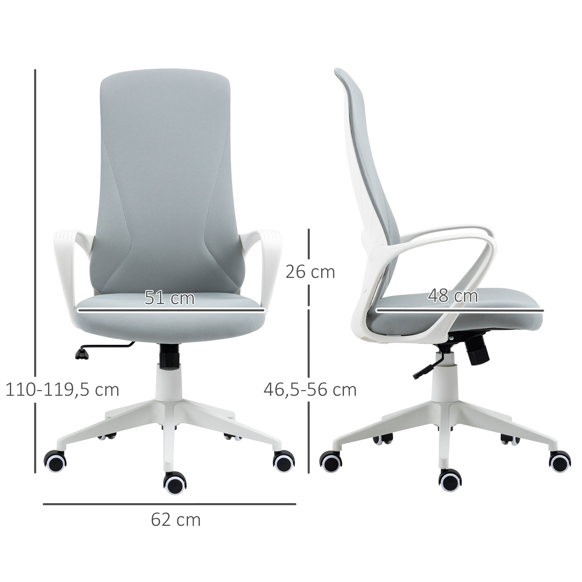 Vinsetto Bürostuhl mit Wippfunktion, Höhenverstellbar, bis 120 kg, Ergonomisch, Drehbar, 62x56x110-119,5cm, Hellgrau