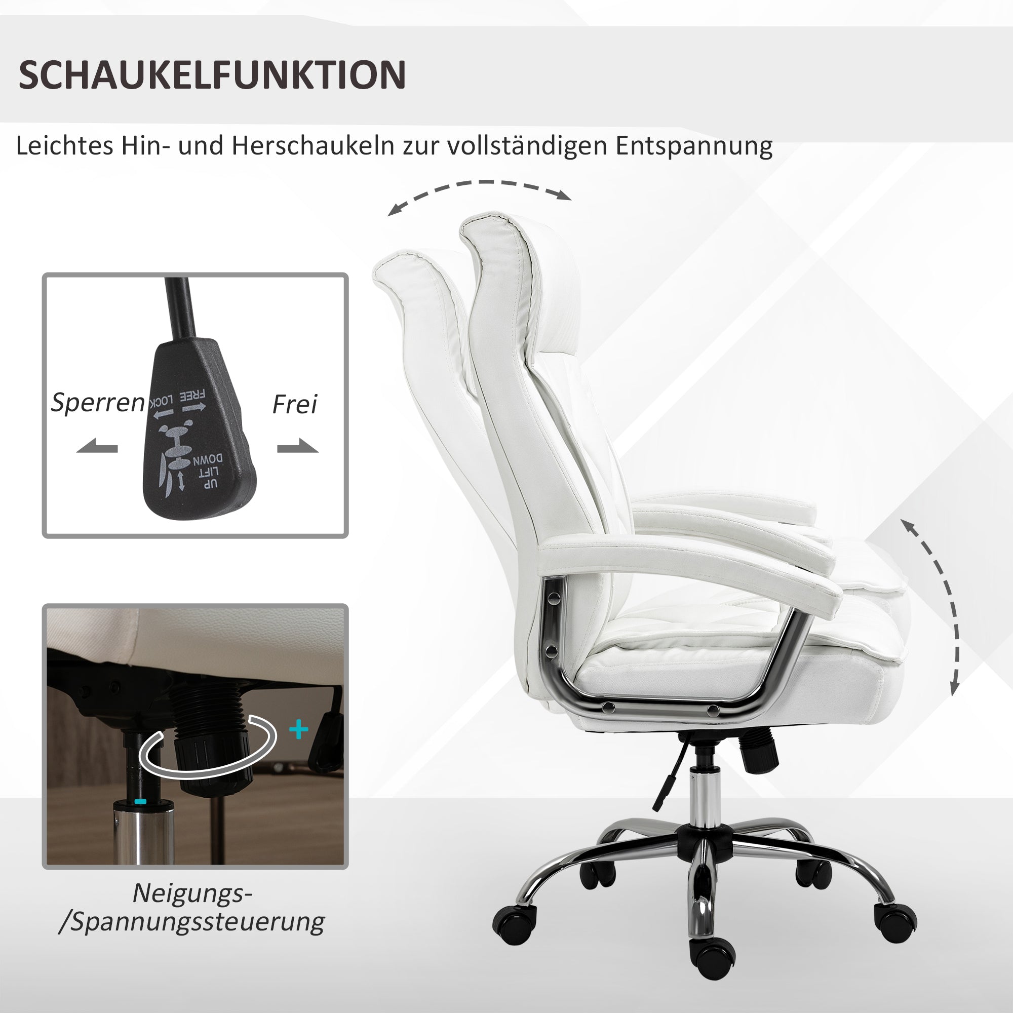 Vinsetto Bürostuhl, ergonomischer Schreibtischstuhl, höhenverstellbarer Drehstuhl mit Wippfunktion, Rautenmuster, Kunstleder, gepolsterter Chefsessel, Weiß