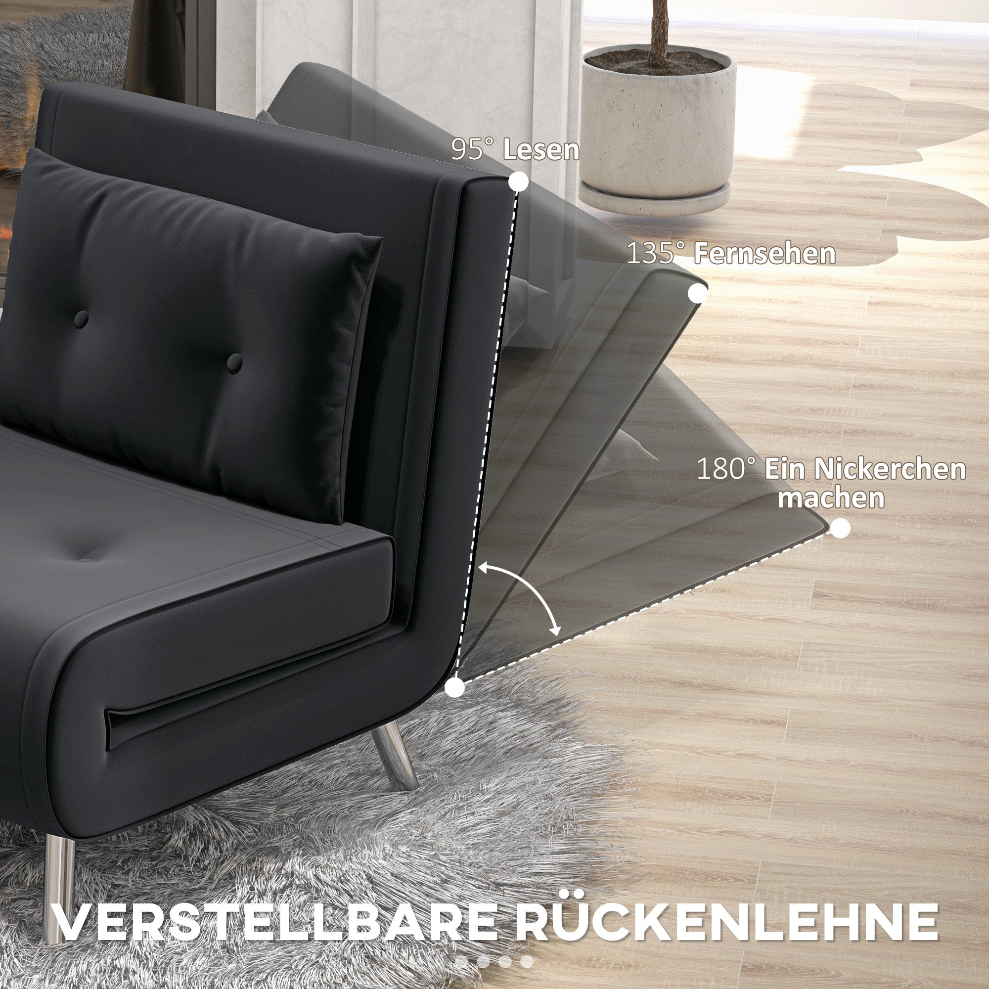 HOMCOM Liegesessel Sessel mit Liegefunktion Schlafsessel, Knopfheftung, Leinenoptik, 77 cm x 88 cm x 83 cm, Schwarz