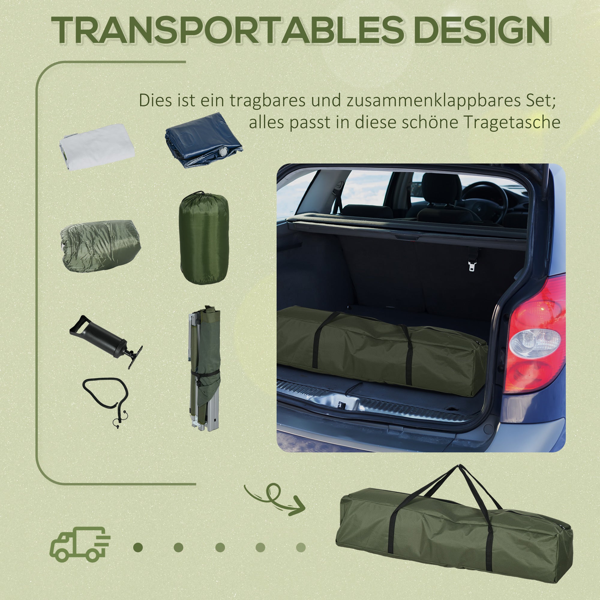Outsunny Campingbett Feldbett, 5-teiliges-Set, inkl. Transporttasche, 193 x 86 x 43/63 cm, Grün