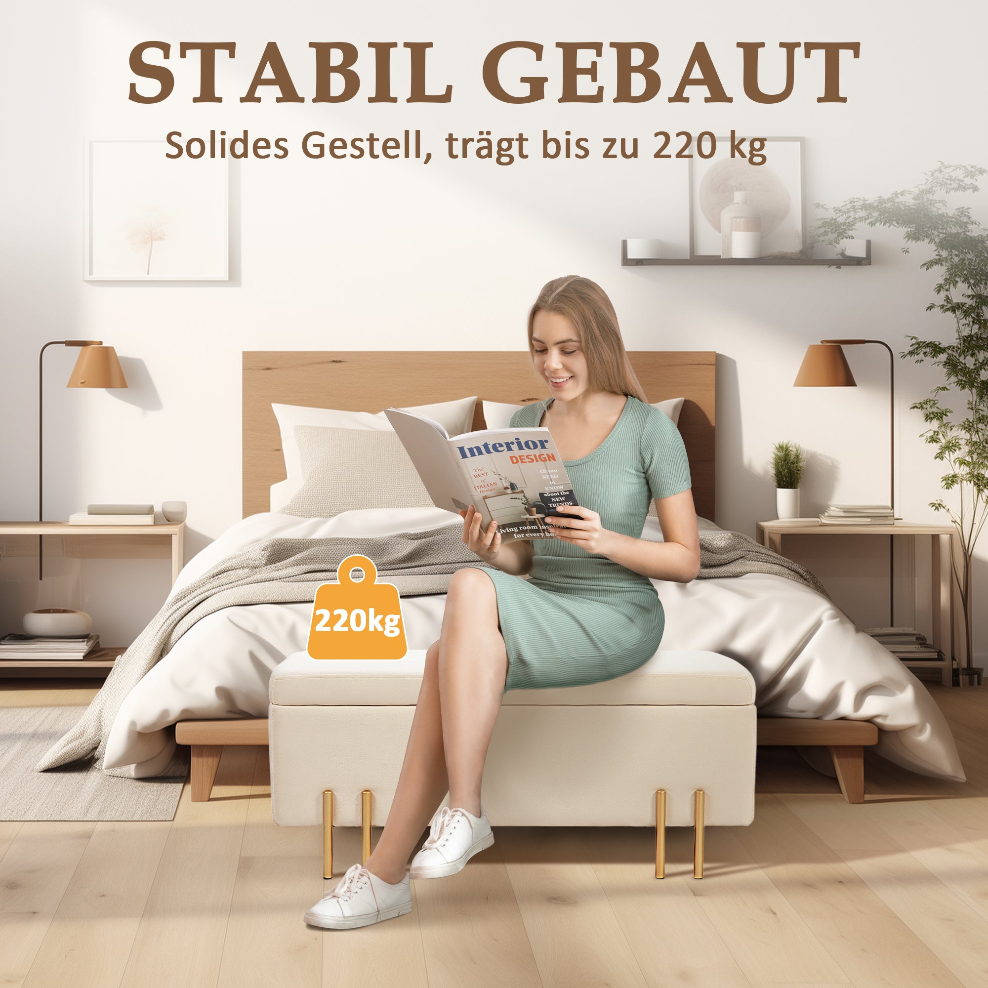 HOMCOM Polsterbank mit Stauraum, Truhenbank, Schaumstoff, Metall, Kautschukholz, 100 x 40 x 42 cm, Beige