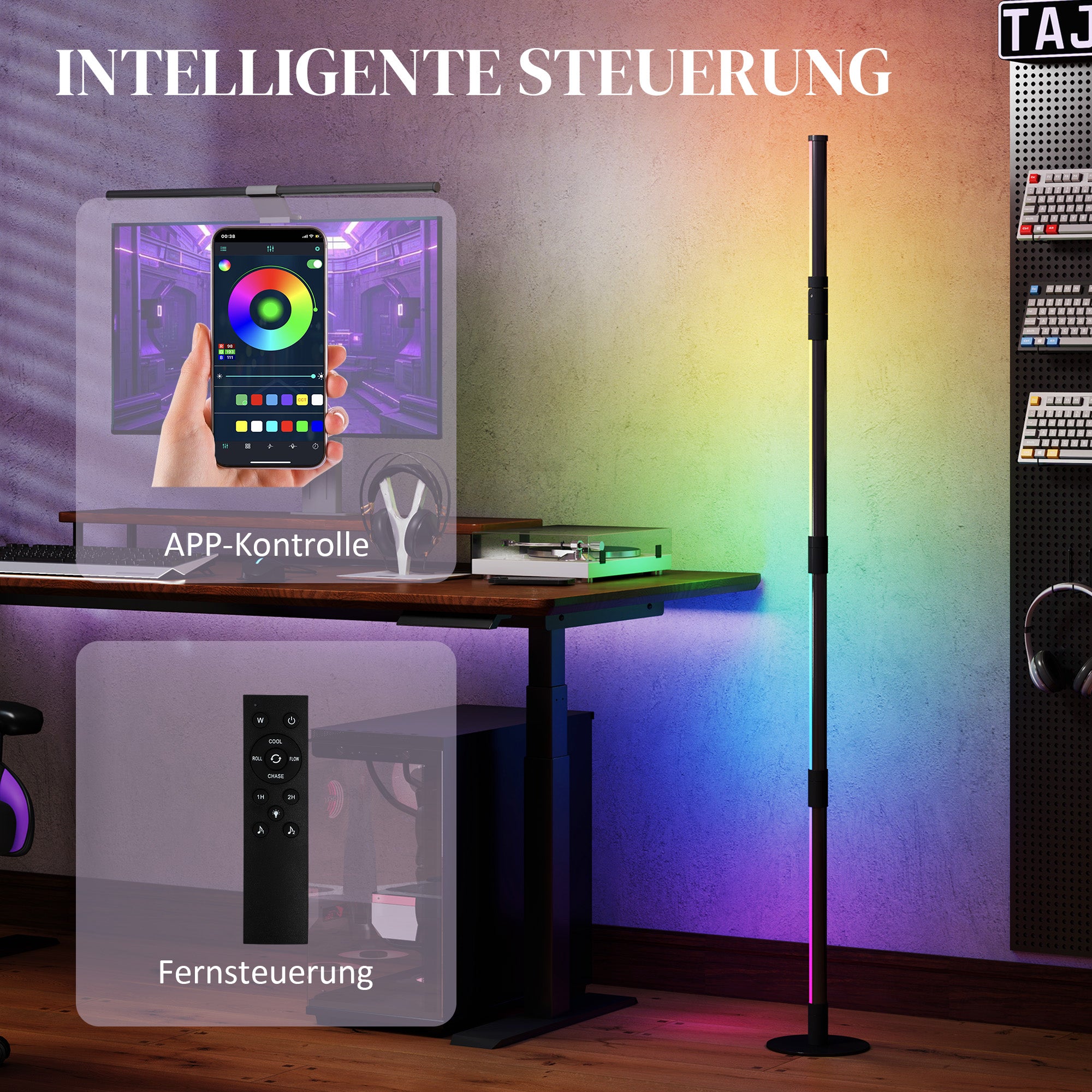 HOMCOM LED-Stehlampe, Standfußlampe mit Fernbedienung und verschiedenen Farben, Timer, App, Musik-Synchronisation, Dunkelgrau