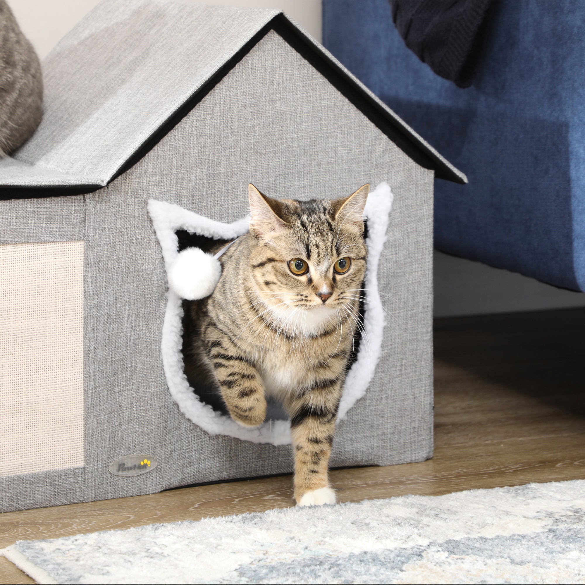 PawHut Katzenhaus mit Kratzfläche, inkl. Spielball, Katzenhöhle, 65 cm  x 41 cm x 45.5H cm, Braun + Weiß + Beige
