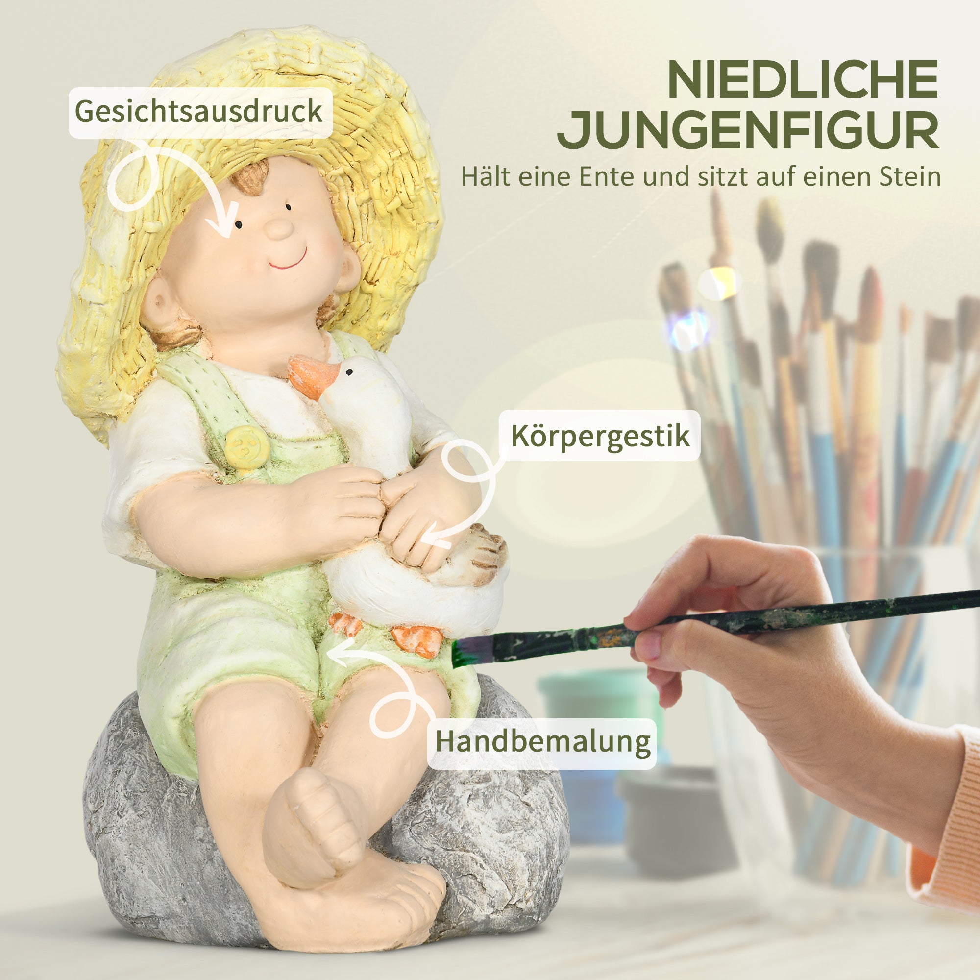 Outsunny Gartenfigur "Kleiner Junge mit Strohhut", Gartendekoration, wetterbeständig, 23,5 cm x 25 cm x 43 cm
