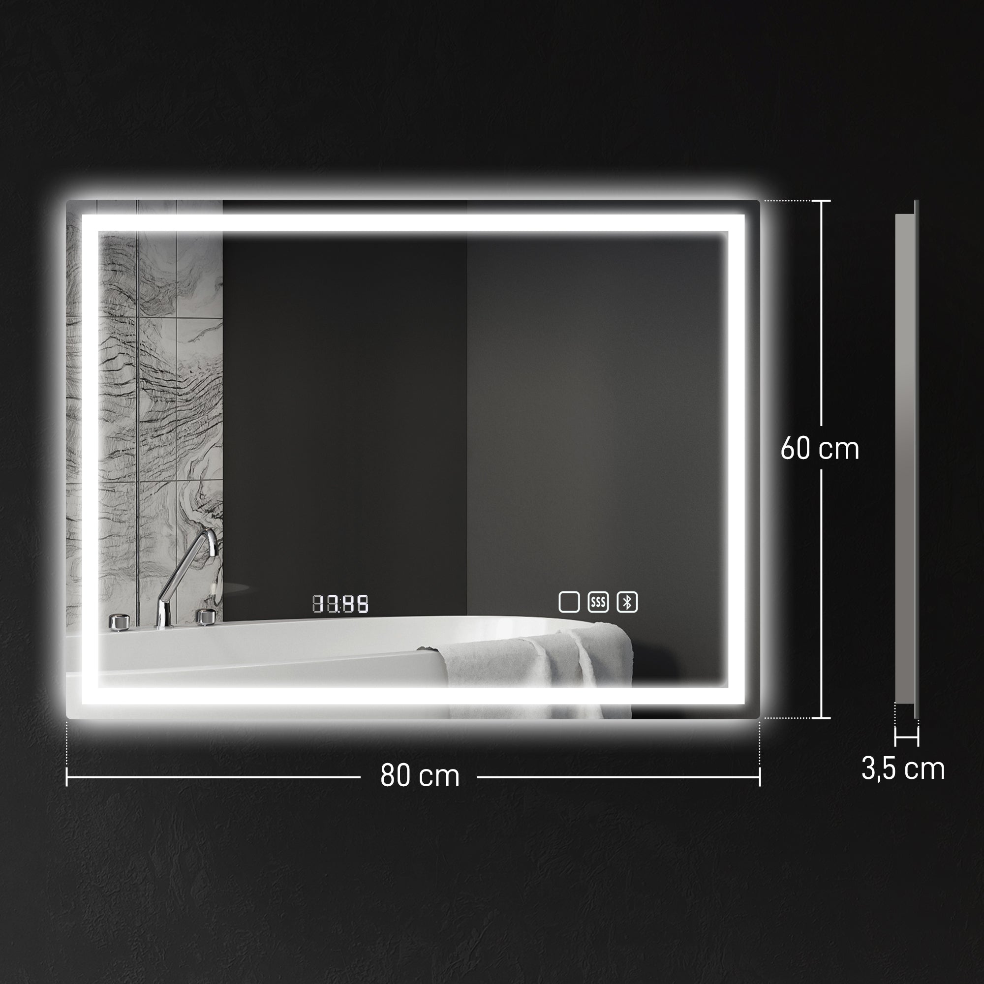 HOMCOM Badezimmerspiegel mit LED-Beleuchtung, Anti-Beschlags-Pad, 3 verstellbare Farben, Uhr, 600 x 800 mm, Silberfarben
