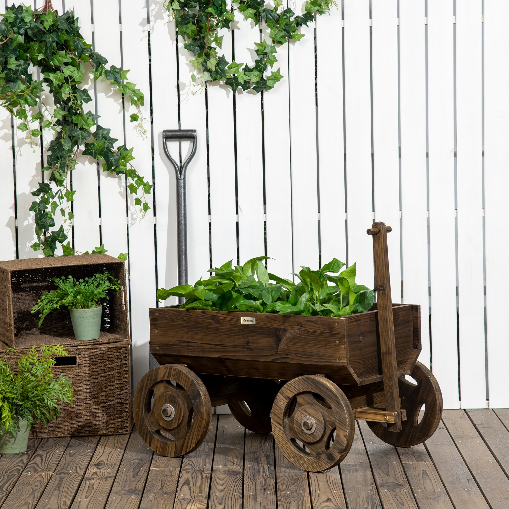 Outsunny Hochbeet im Holzwagen-Design, Brandlackierung, beweglich, wetterbeständig, Braun