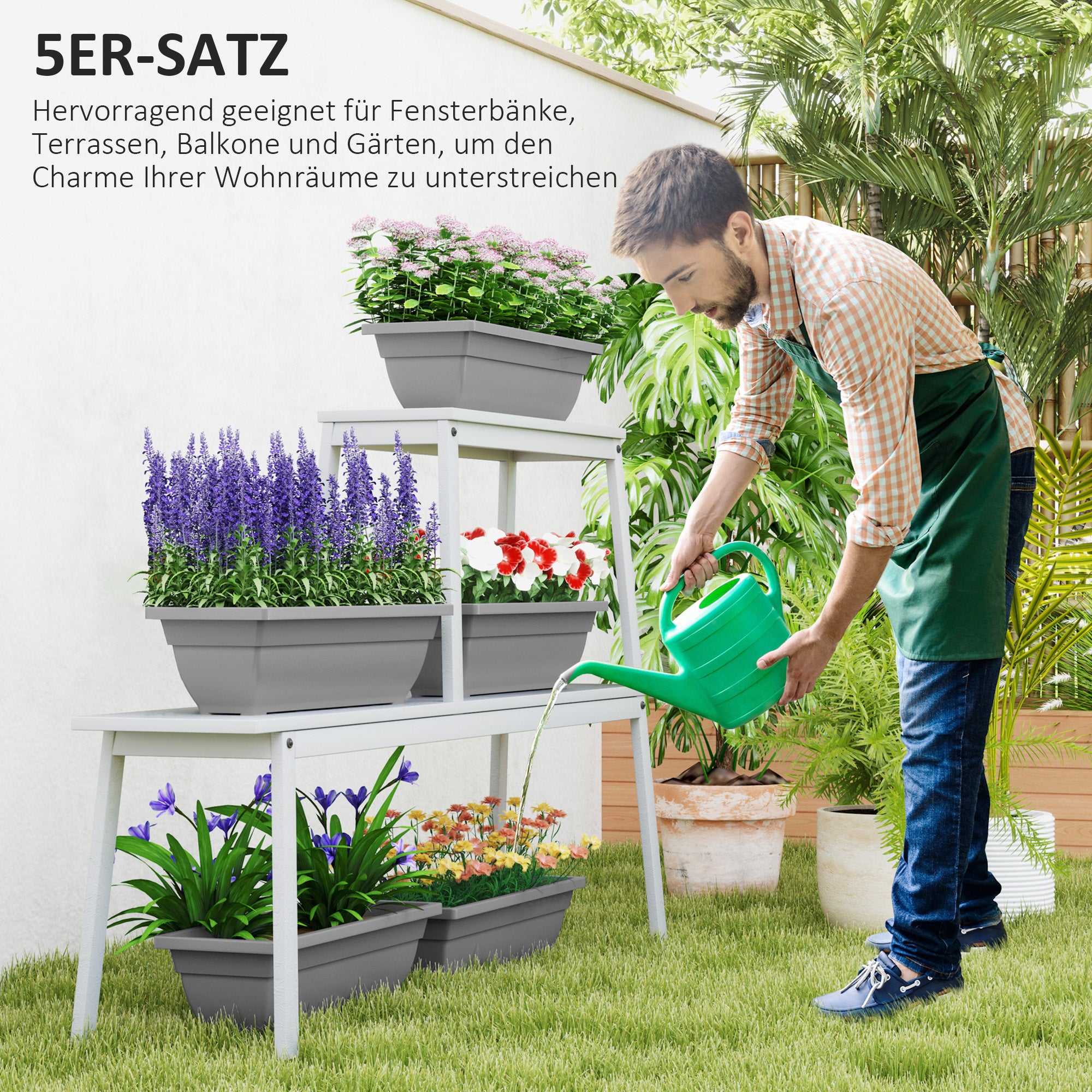 Outsunny 5er-Set Blumentöpfe, Pflanzengefäße aus Kunststoff für Terrasse, Garten, Balkon, 59 x 21 x 16 cm, Grau