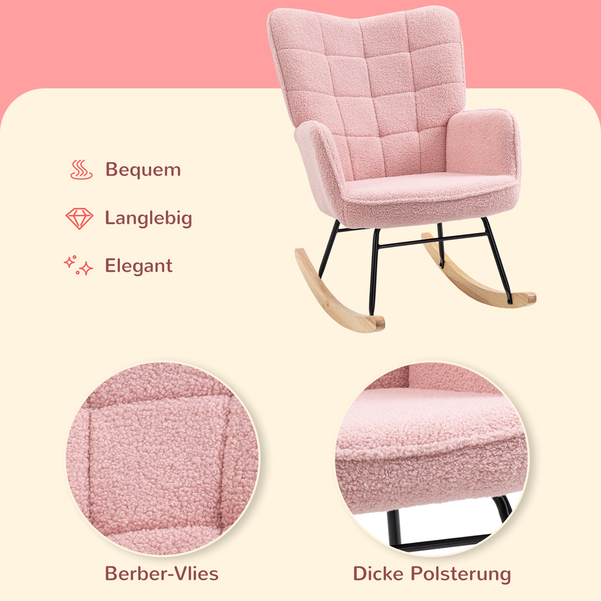 HOMCOM Schaukelstuhl im Retro-Design, Massivholz, Sessel, Relaxsessel, 98 cm x  71 cm x 101 cm, Rosa