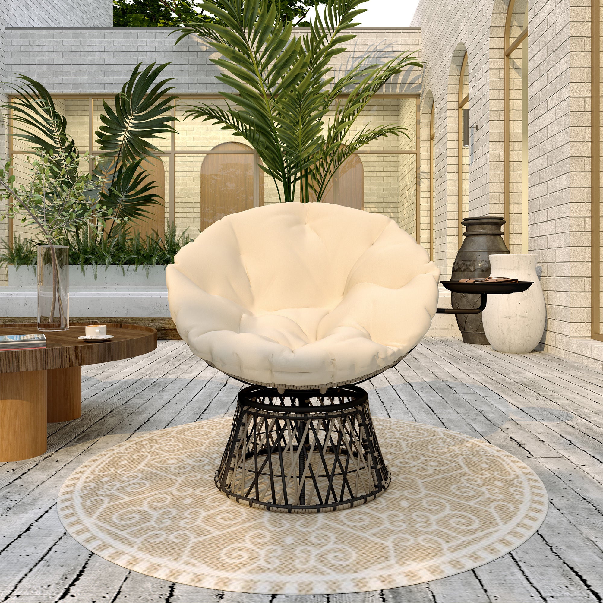 Outsunny Papasansessel Rattan 360° drehbar Korbsessel mit Kissen Durchmesser 90 cm runder Beige