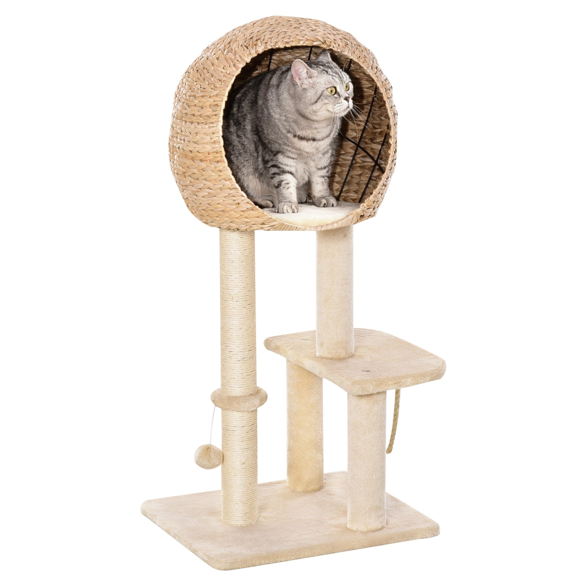 PawHut Kratzbaum 100 cm Katzenturm mit Höhle, Spielball, Sisalstämme, Plattform, mehrstöckiger Katzenkratzbaum, Kletterbaum, für mittelgroße Katzen, Beige
