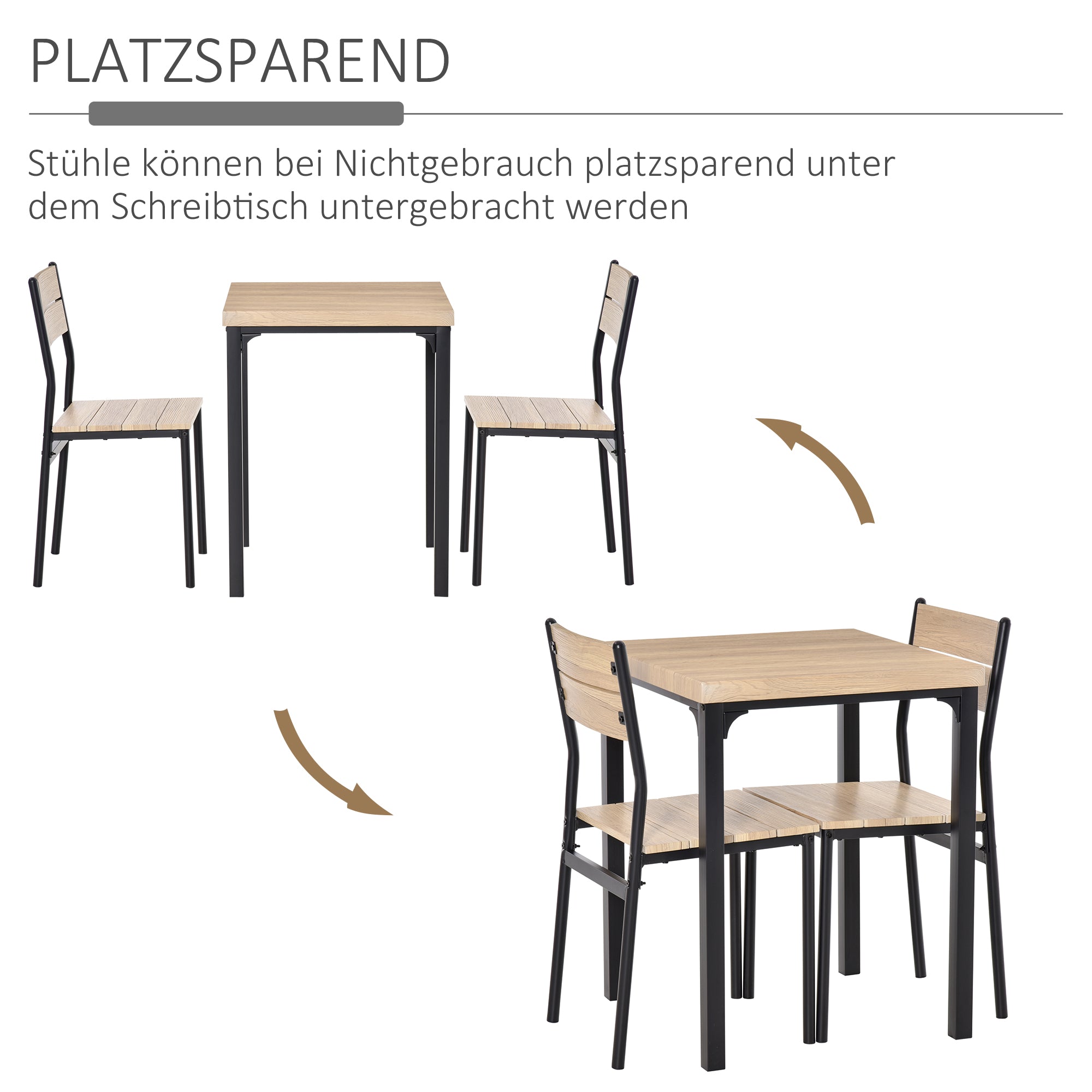 HOMCOM 3-teilige Esstisch Küchentisch mit Stühlen Set Naturholzmaserung + Schwarz mit 1 Tisch + 2 Stühlen