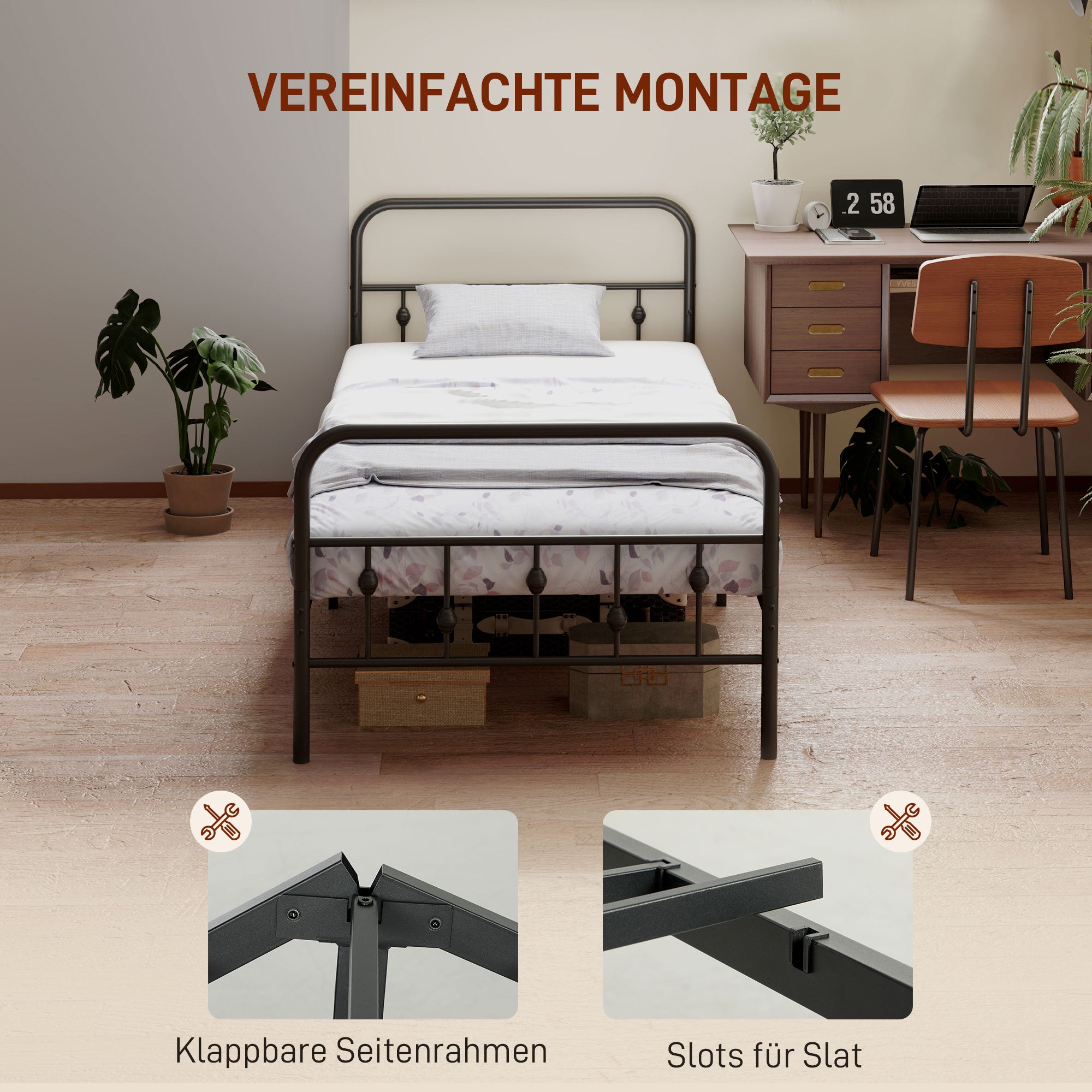HOMCOM Einzelbettgestell aus Metall, Leichte Montage, mit geräuschreduzierenden Gummikits, Schwarz