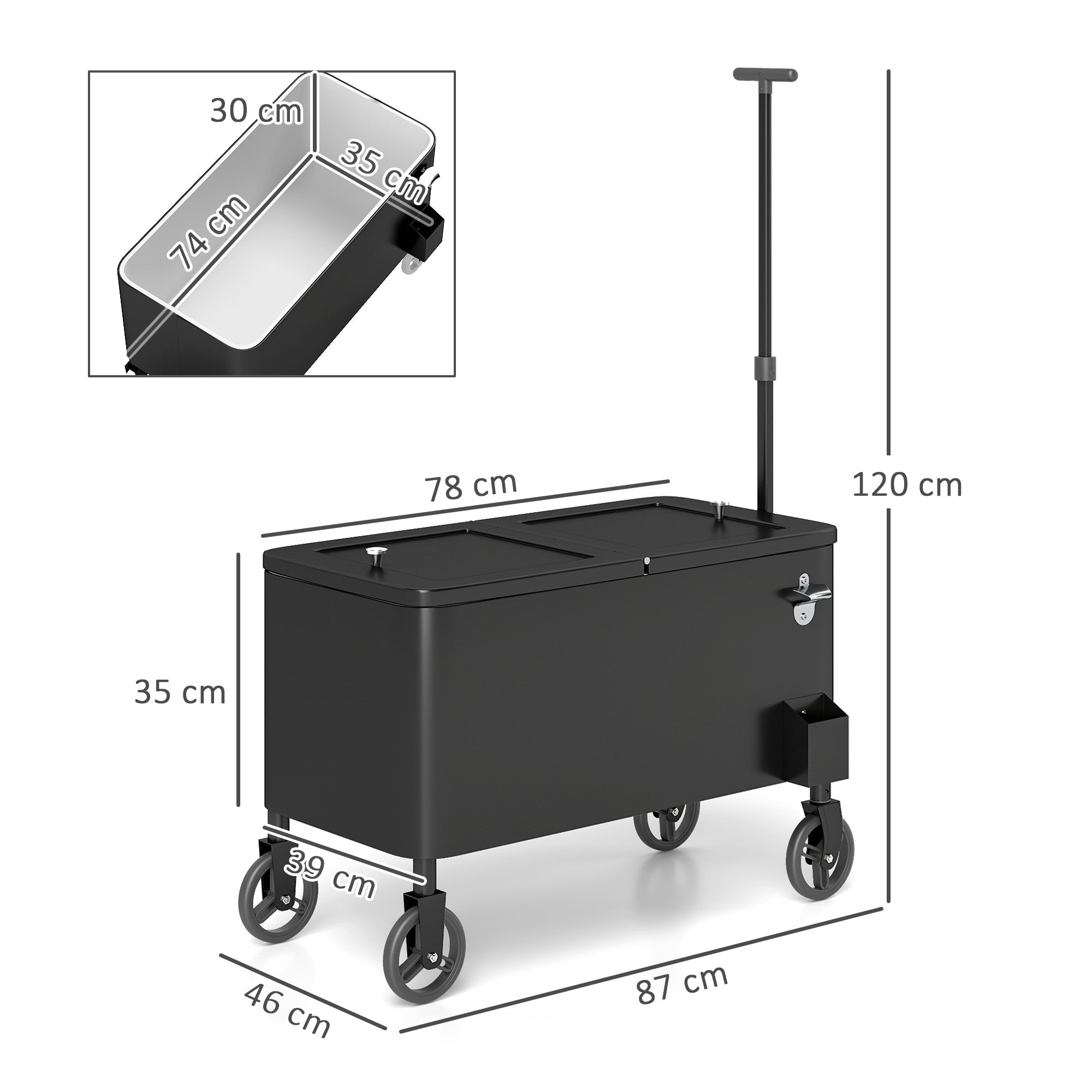 Outsunny 76L Kühlwagen Servierwagen mit Rädern Flaschenöffner Deckel Griffe Fahrbare Kühlbox Schwarz