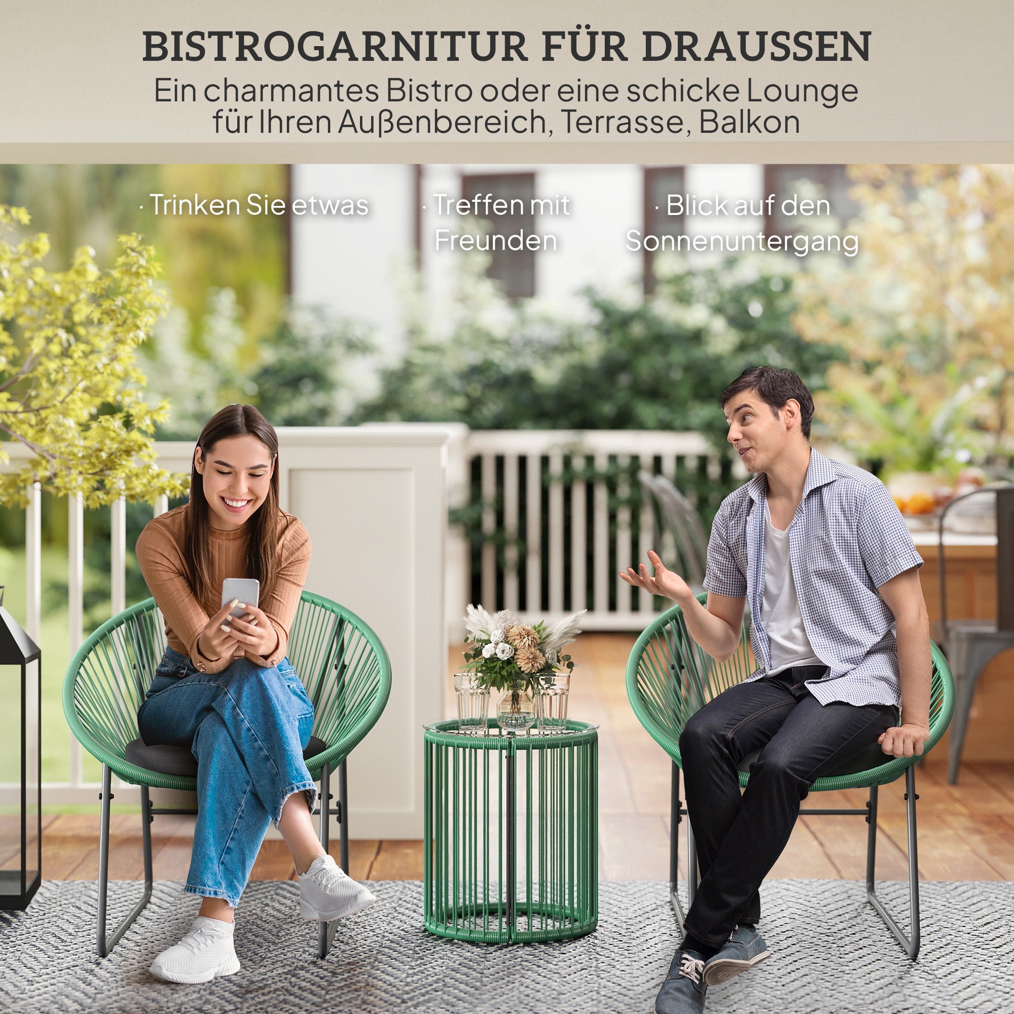 Outsunny 3-teiliges Outdoor-Möbelset, 1 Tisch, 2 Stühle, Glastischplatte, Kunststoff-Rattan um Stahlrahmen, weiche Kissen, Grün