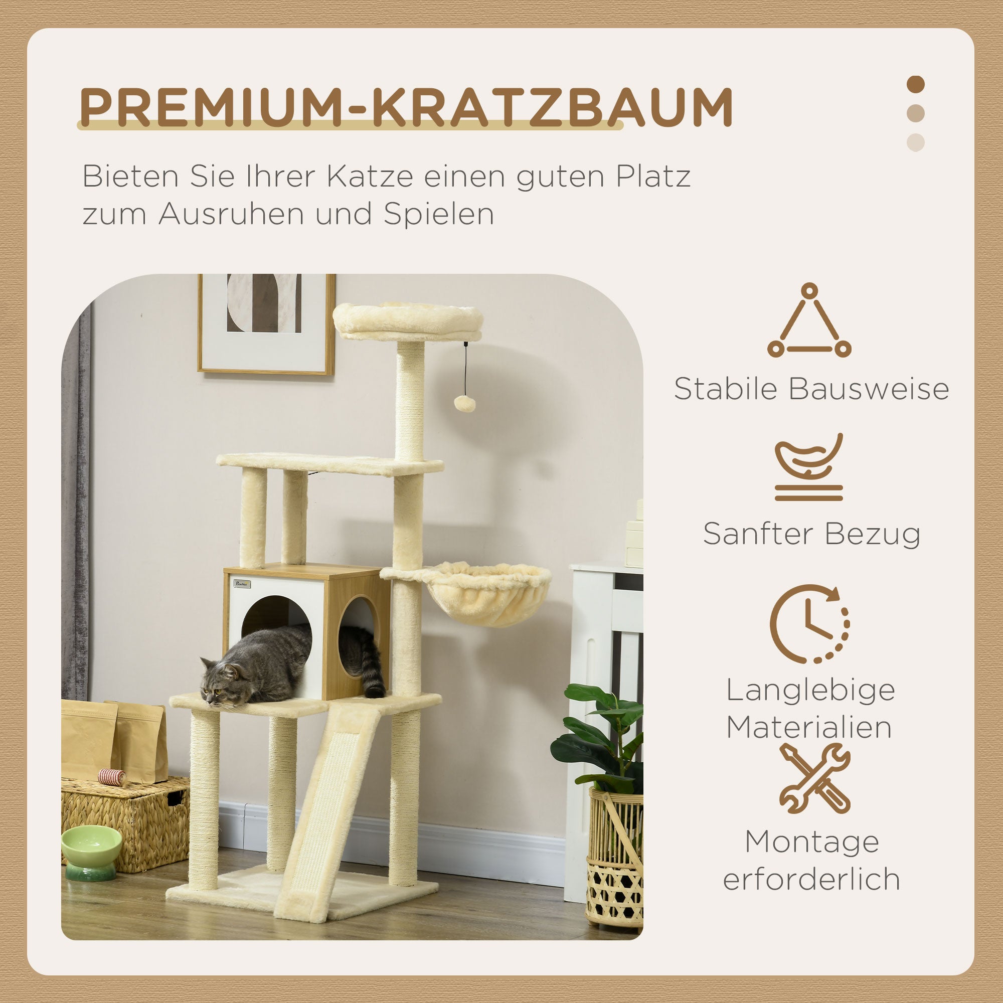 PawHut Kratzbaum mit Katzenhöhle. Katzenbaum, 1 Katzenhöhle, 1Hängematte, 1 Katzenbett, 1 Liegefläche, Natur+ Weiß + Braun