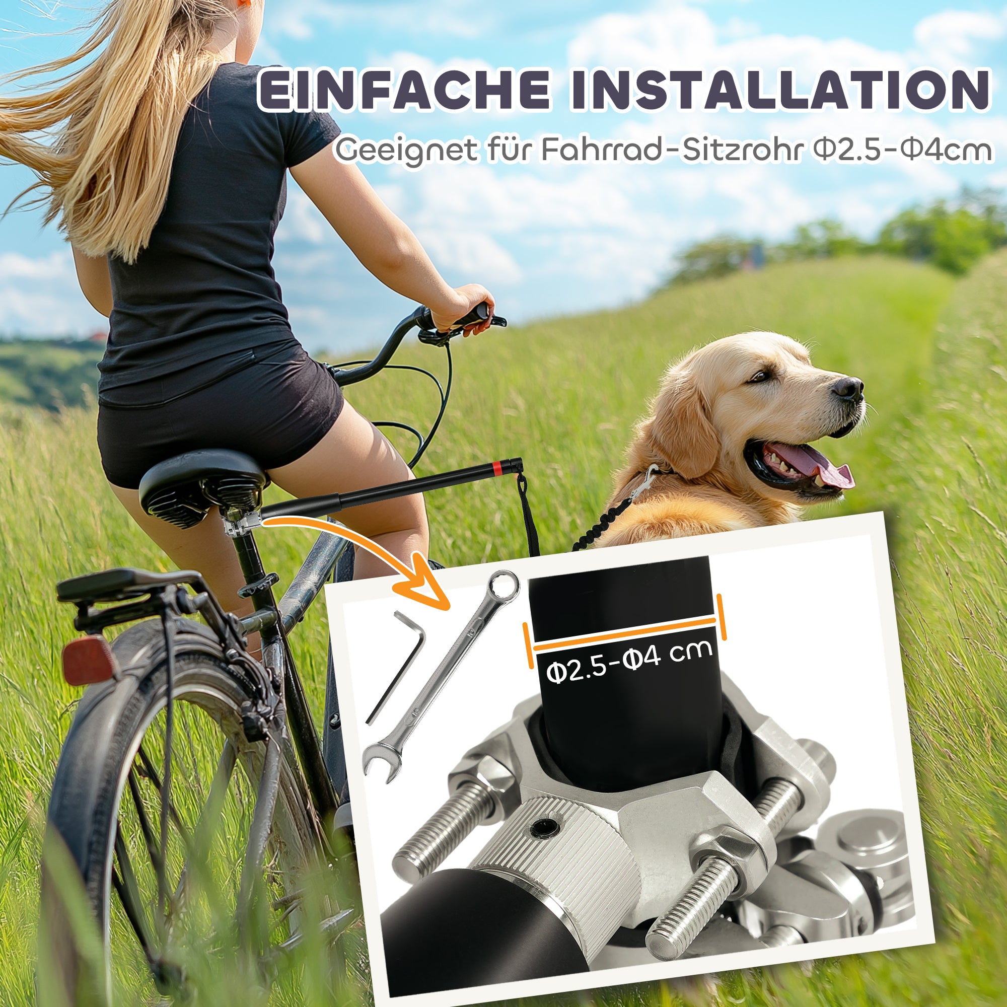 PawHut Hundeleine fürs Fahrrad, elastisches Seil, Stahlrohr, 124 cm, Schwarz