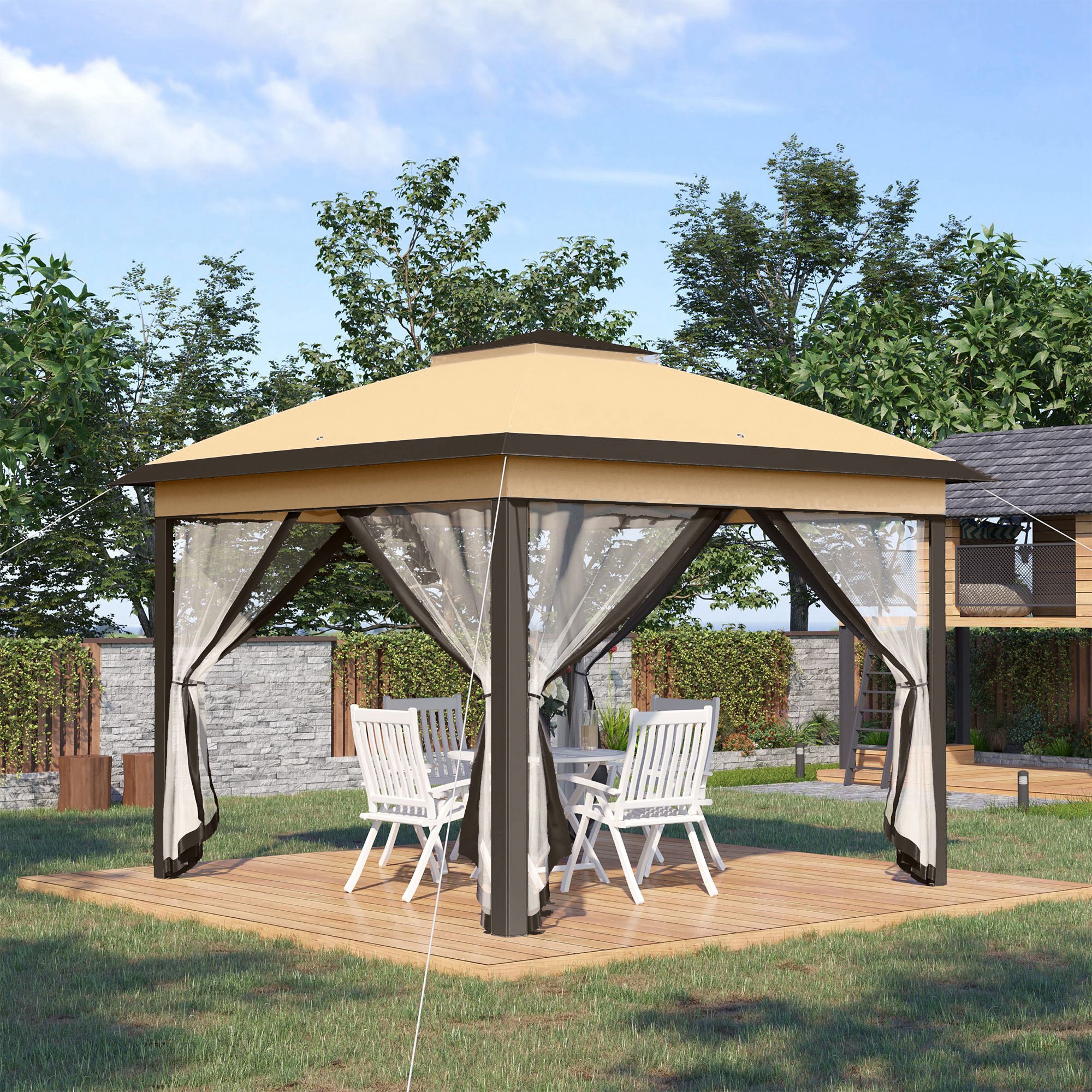 Faltpavillon 3,3x3,3 m mit Doppeldach & Seitenteilen, Beige