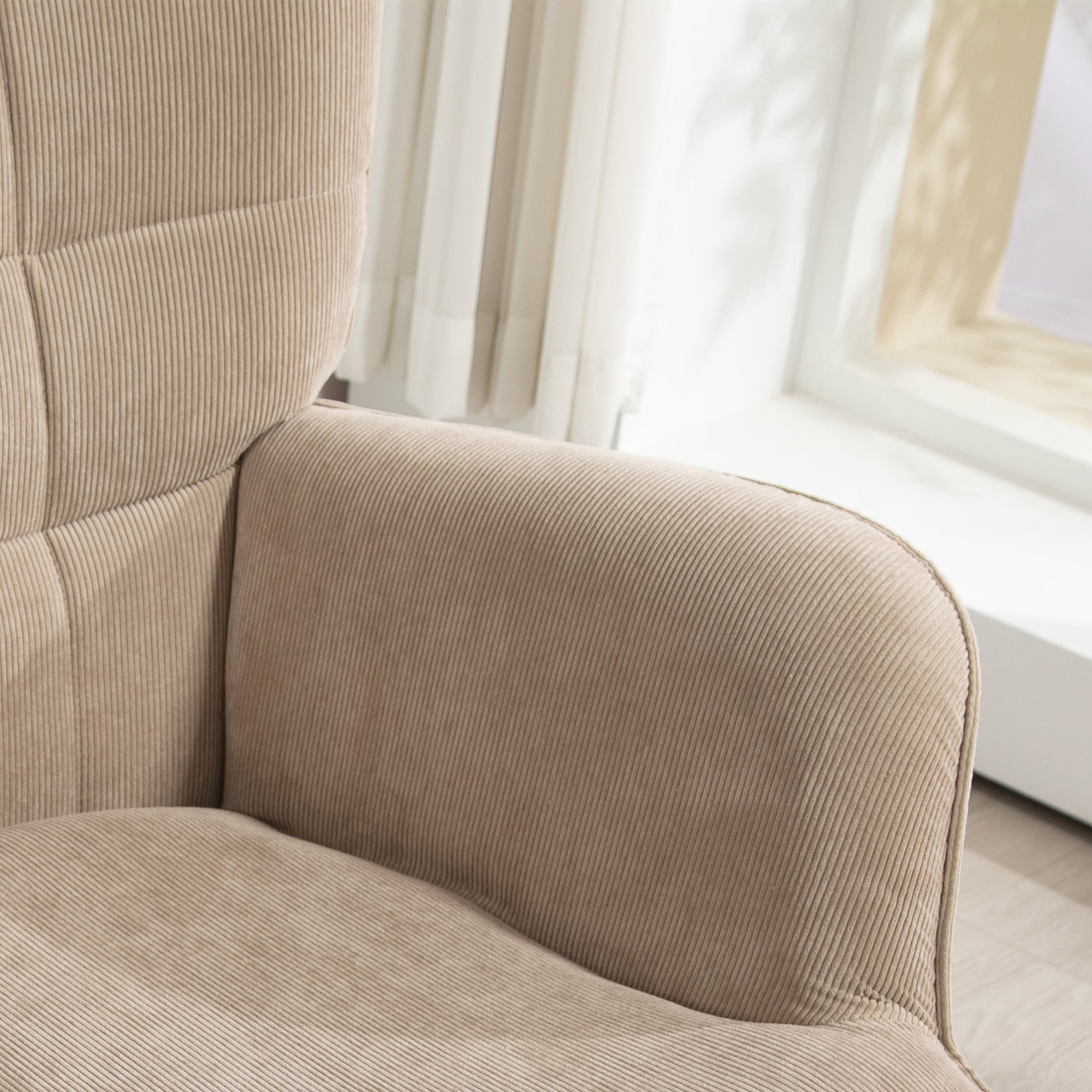 HOMCOM Akzentsessel mit Hocker, Relaxsessel in Cord-Optik, Armlehnstuhl mit Holzbeinen, für Wohnzimmer, Hellbraun